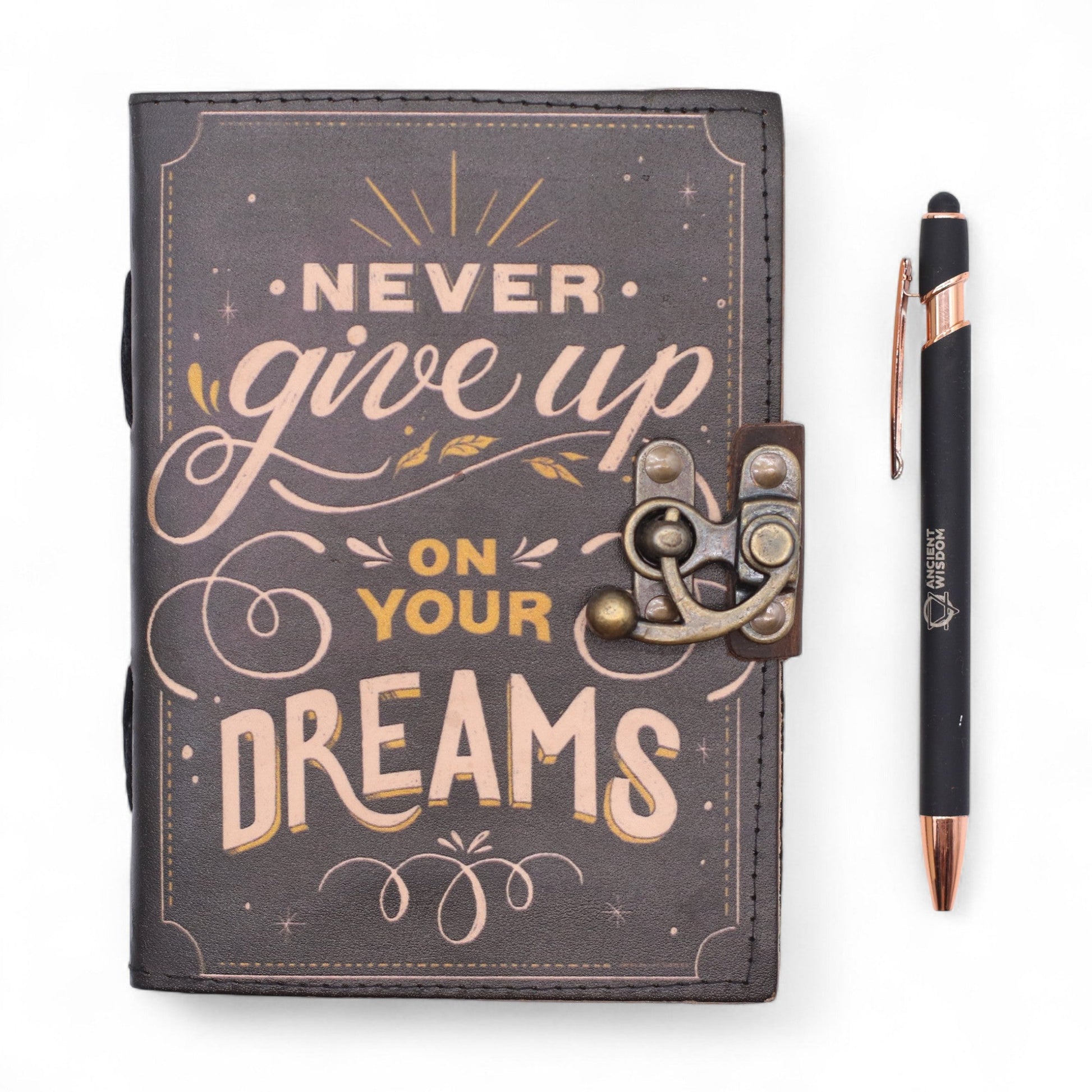Handmade Leather-Bound Eco-Friendly Journal with Metal Clasp – Medium / Black / Never Give Up On Your Dreams product packaging on clean background from Quintessential Holistic Health Ltd