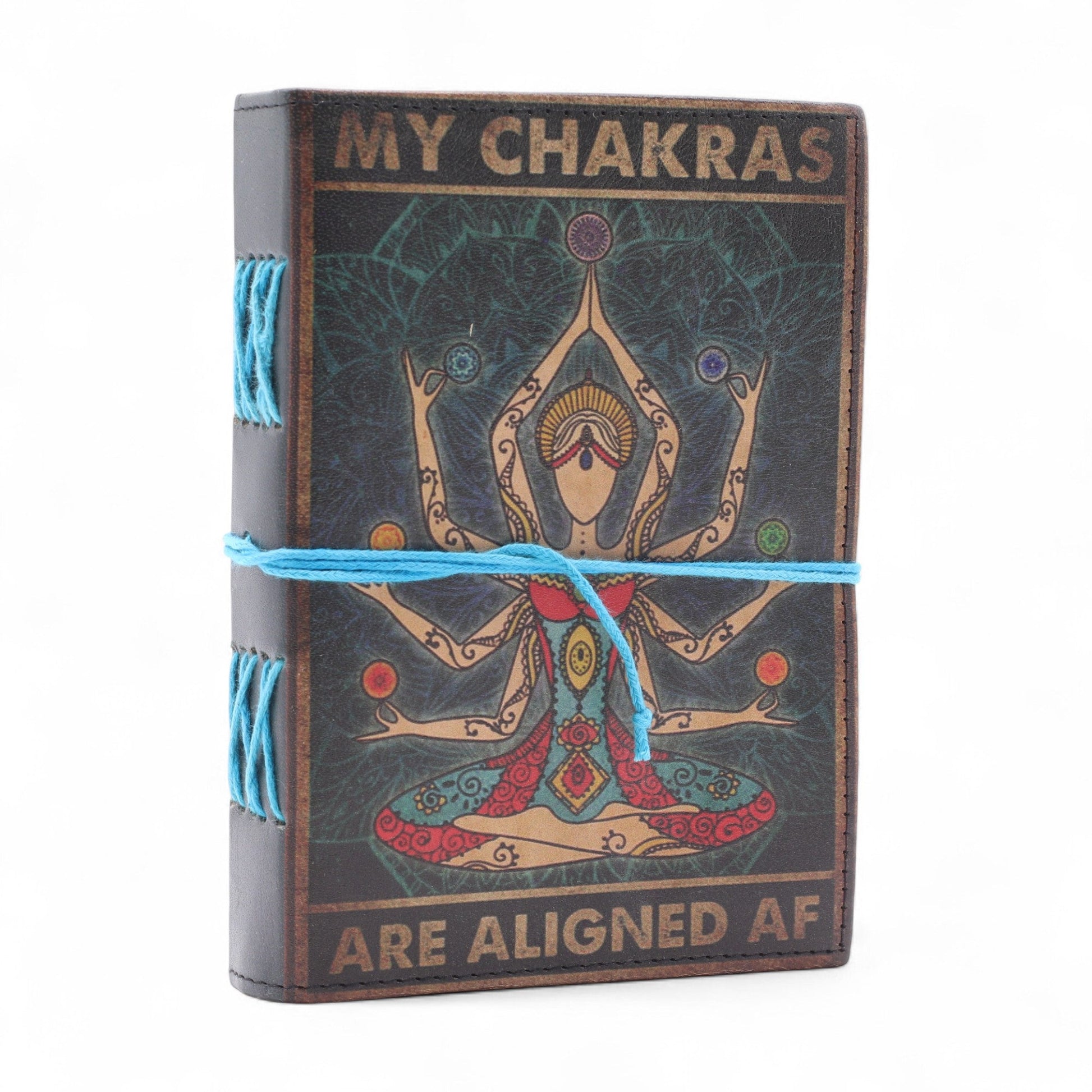 Handmade Leather-Bound Eco-Friendly Journal with Wrap – My Chakras Are Aligned AF product packaging on clean background from Quintessential Holistic Health Ltd