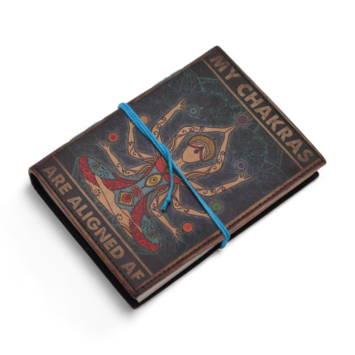 Handmade Leather-Bound Eco-Friendly Journal with Wrap – My Chakras Are Aligned AF product packaging on clean background from Quintessential Holistic Health Ltd