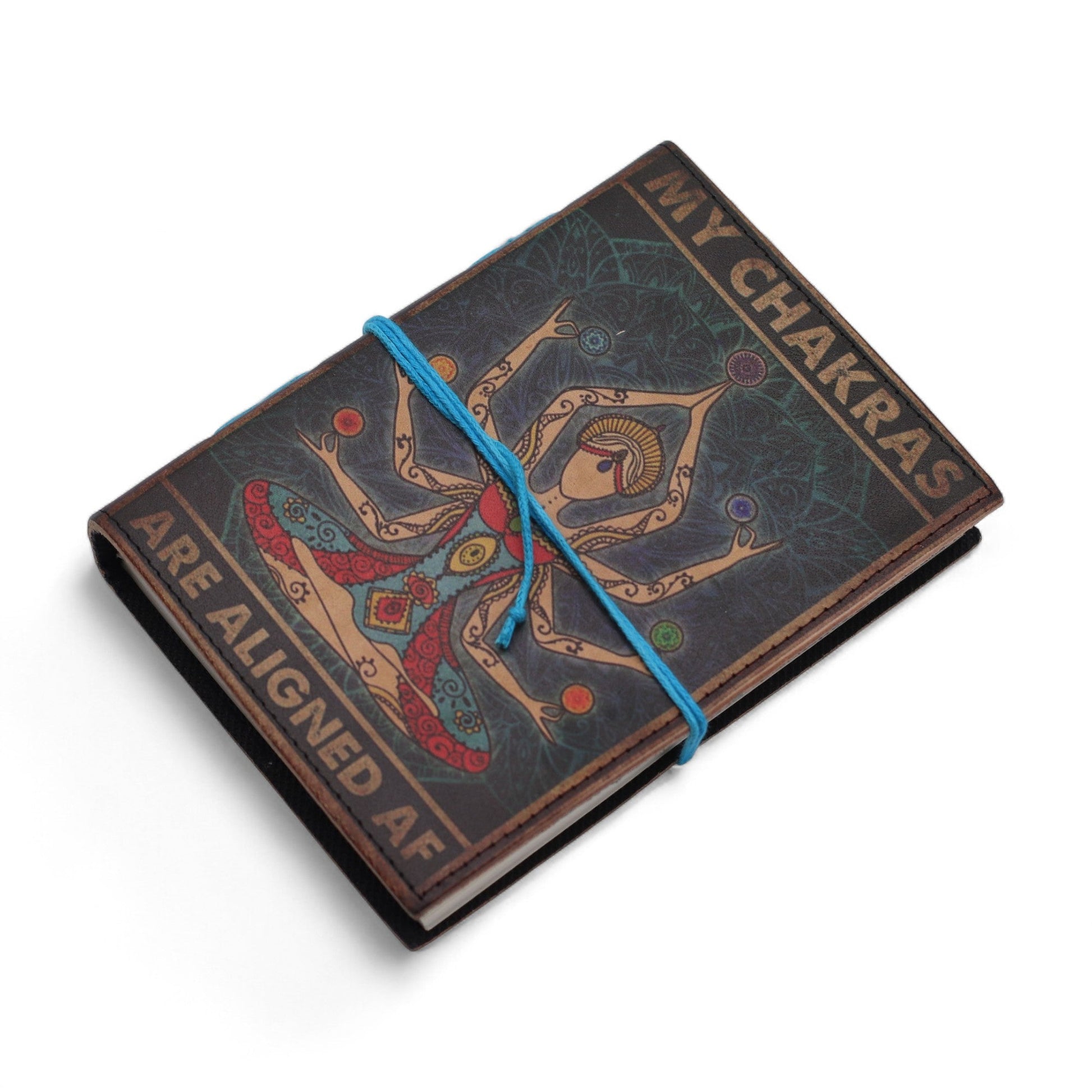 Handmade Leather-Bound Eco-Friendly Journal with Wrap – My Chakras Are Aligned AF product packaging on clean background from Quintessential Holistic Health Ltd