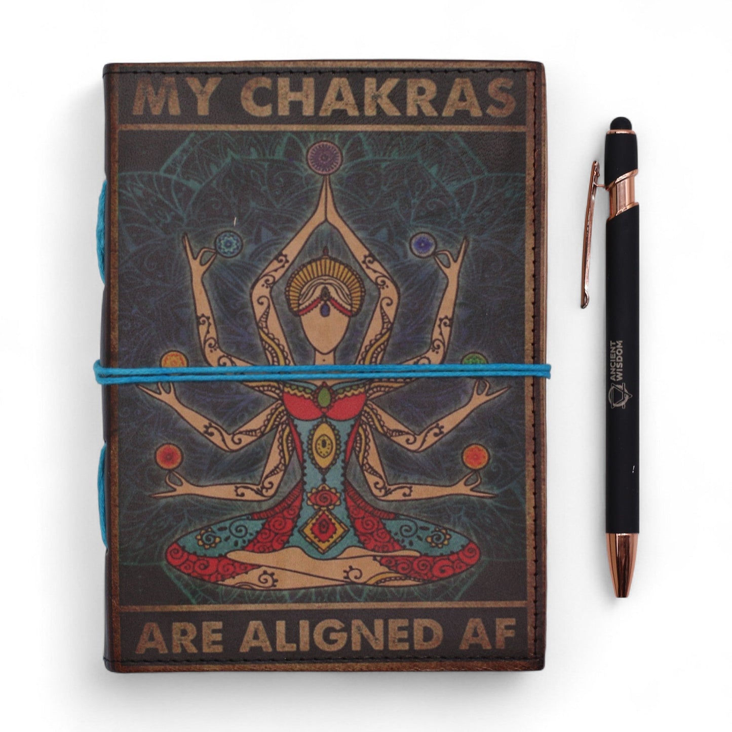 Handmade Leather-Bound Eco-Friendly Journal with Wrap – My Chakras Are Aligned AF product packaging on clean background from Quintessential Holistic Health Ltd