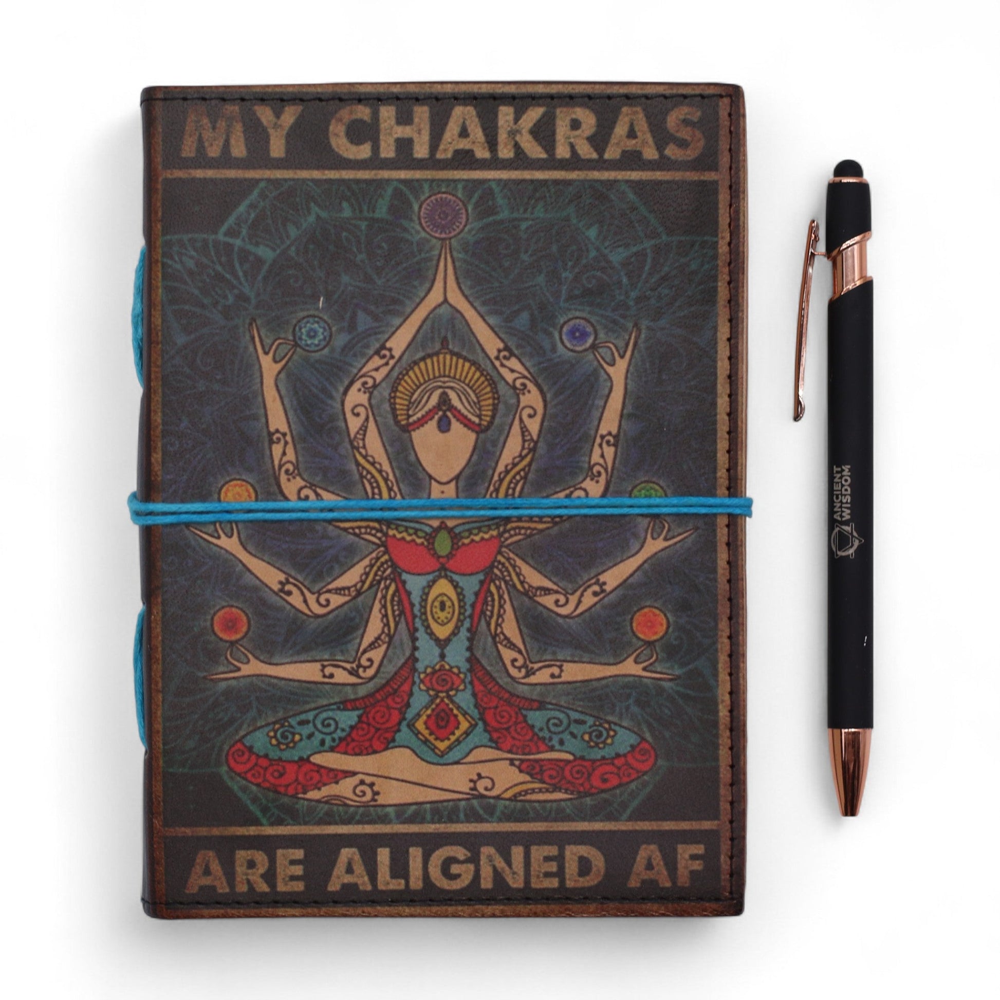 Handmade Leather-Bound Eco-Friendly Journal with Wrap – My Chakras Are Aligned AF product packaging on clean background from Quintessential Holistic Health Ltd