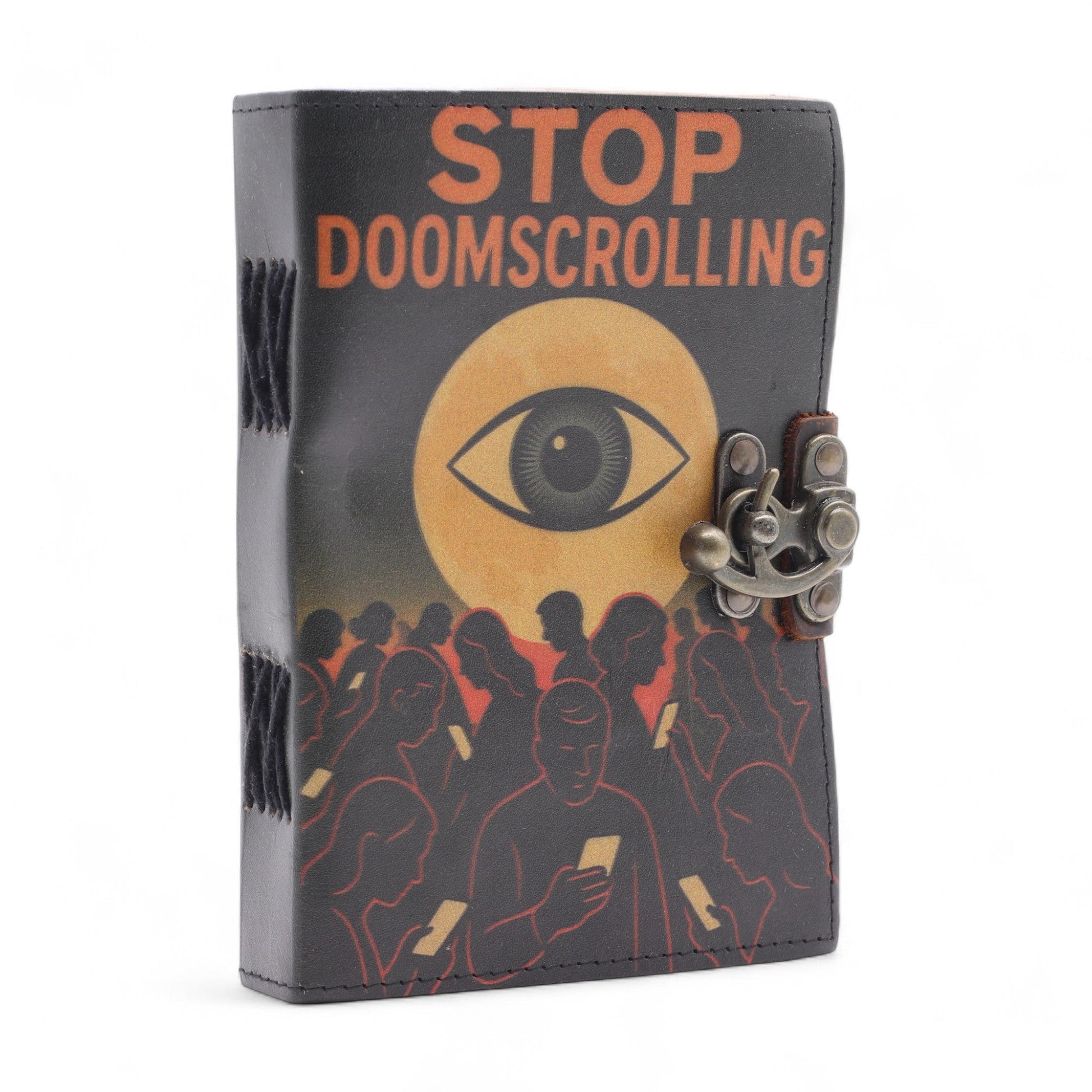 Handmade Leather-Bound Eco-Friendly Journal with Metal Clasp – Medium / Dark Brown / Stop Doom Scrolling product packaging on clean background from Quintessential Holistic Health Ltd
