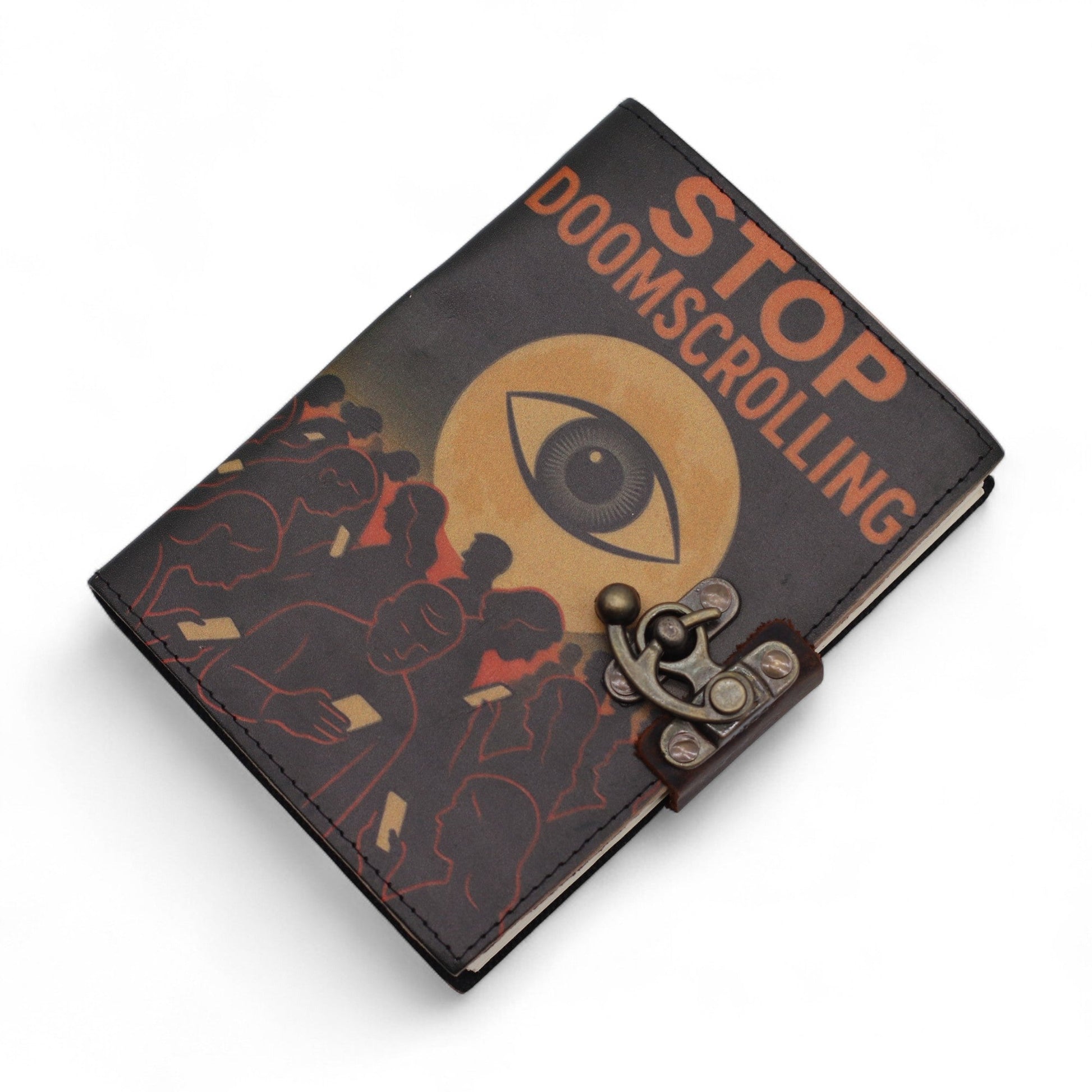 Handmade Leather-Bound Eco-Friendly Journal with Metal Clasp – Medium / Dark Brown / Stop Doom Scrolling product packaging on clean background from Quintessential Holistic Health Ltd