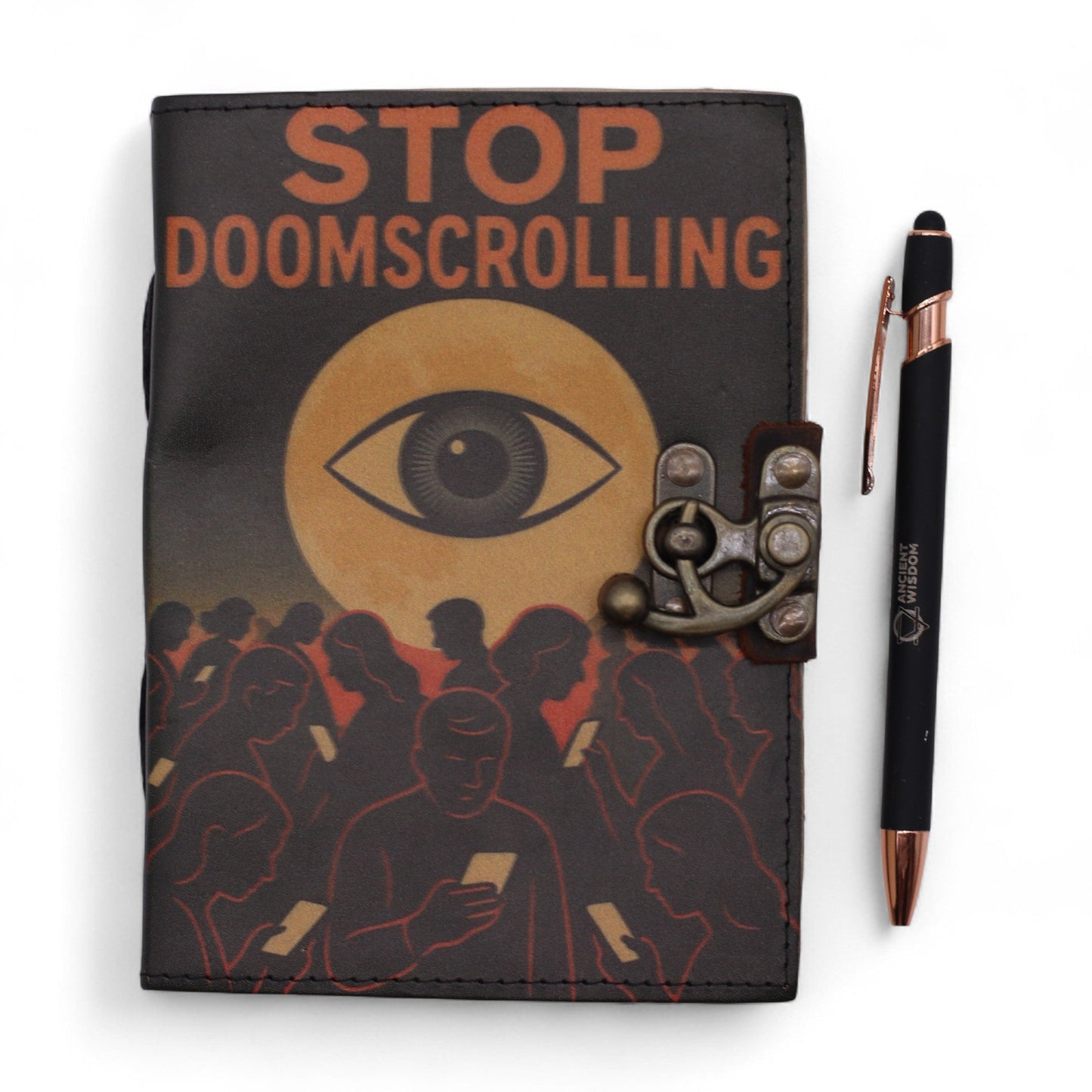 Handmade Leather-Bound Eco-Friendly Journal with Metal Clasp – Medium / Dark Brown / Stop Doom Scrolling product packaging on clean background from Quintessential Holistic Health Ltd