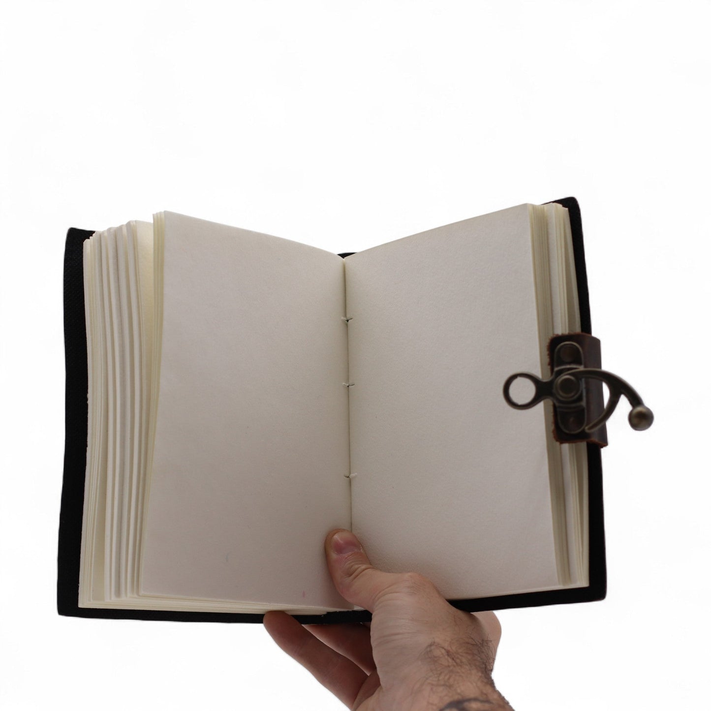 Handmade Leather-Bound Eco-Friendly Journal with Metal Clasp – Medium / Dark Brown / Stop Doom Scrolling product packaging on clean background from Quintessential Holistic Health Ltd