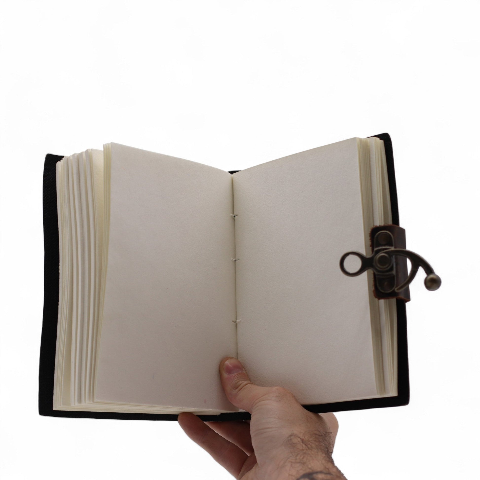 Handmade Leather-Bound Eco-Friendly Journal with Metal Clasp – Medium / Dark Brown / Stop Doom Scrolling product packaging on clean background from Quintessential Holistic Health Ltd