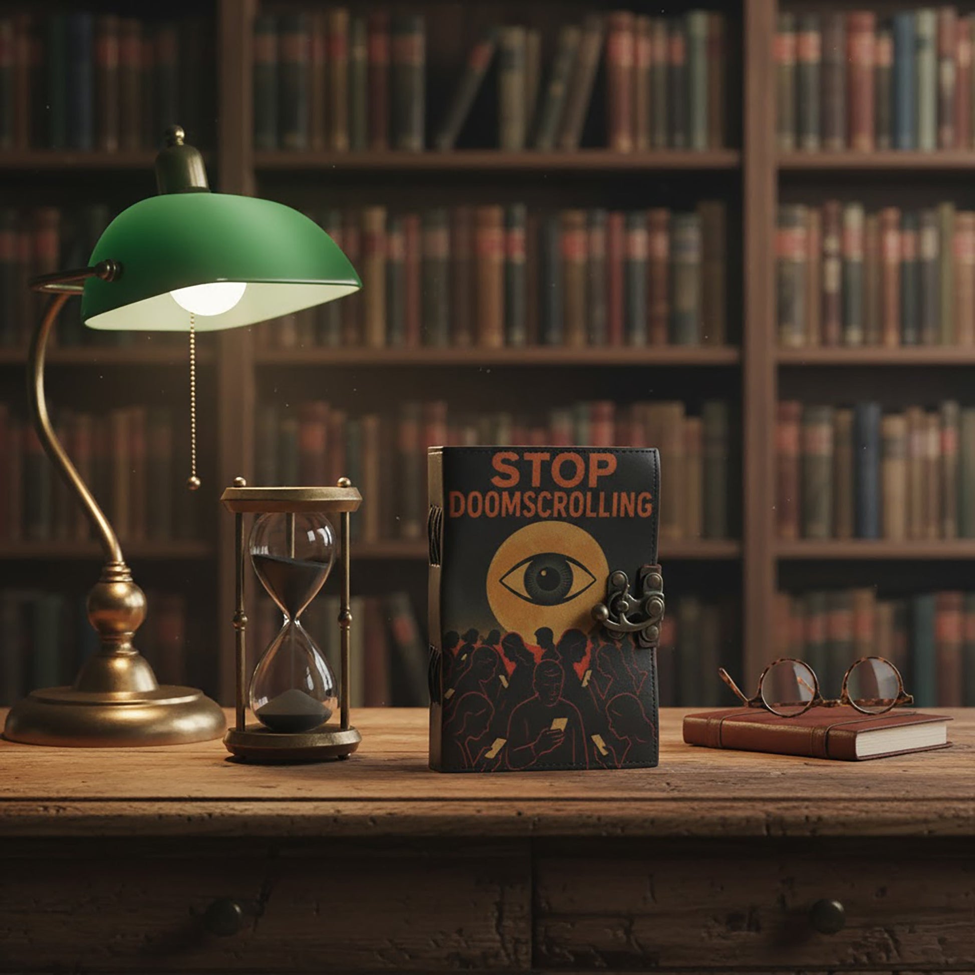 Handmade Leather-Bound Eco-Friendly Journal with Metal Clasp – Medium / Dark Brown / Stop Doom Scrolling product packaging on clean background from Quintessential Holistic Health Ltd