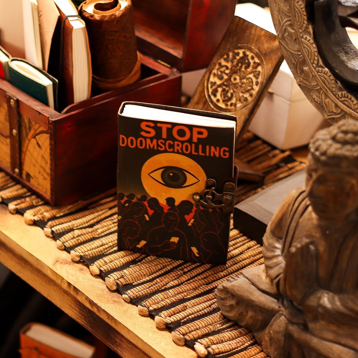 Handmade Leather-Bound Eco-Friendly Journal with Metal Clasp – Medium / Dark Brown / Stop Doom Scrolling product packaging on clean background from Quintessential Holistic Health Ltd