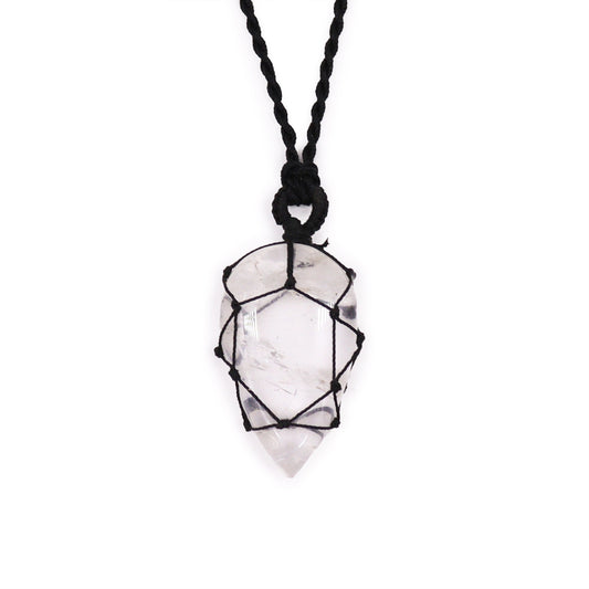 Handmade Laced Gemstone Pendant - Teardrop / Rock Quartz product packaging on clean background from Quintessential Holistic Health Ltd
