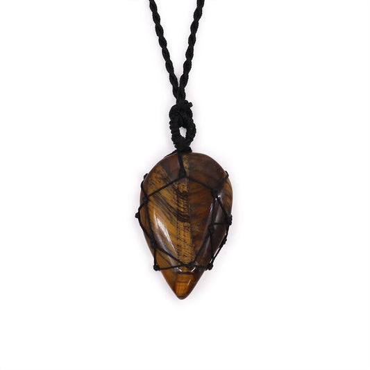 Handmade Laced Gemstone Pendant - Teardrop / Tigers Eye product packaging on clean background from Quintessential Holistic Health Ltd
