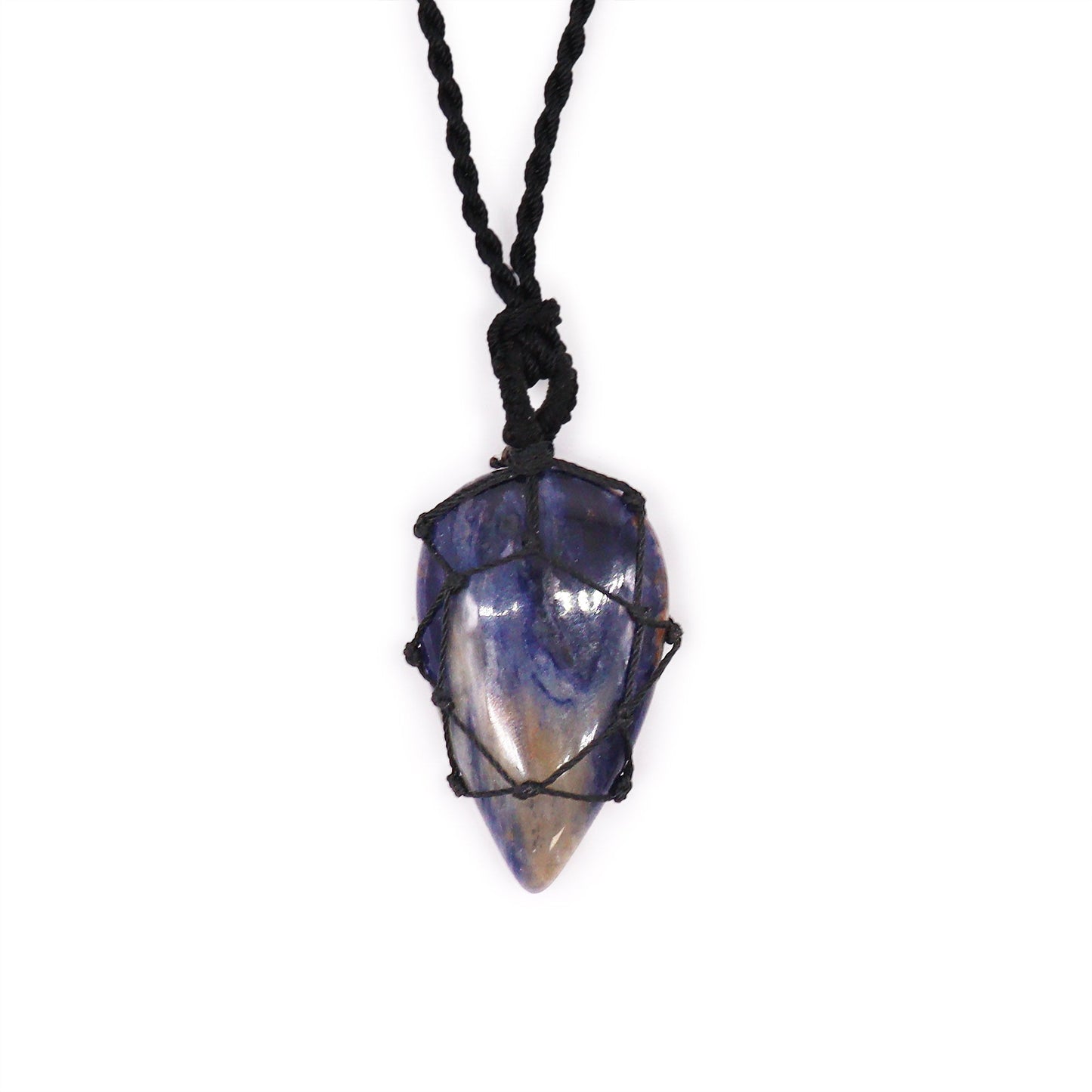 Handmade Laced Gemstone Pendant - Teardrop / Sodalite product packaging on clean background from Quintessential Holistic Health Ltd