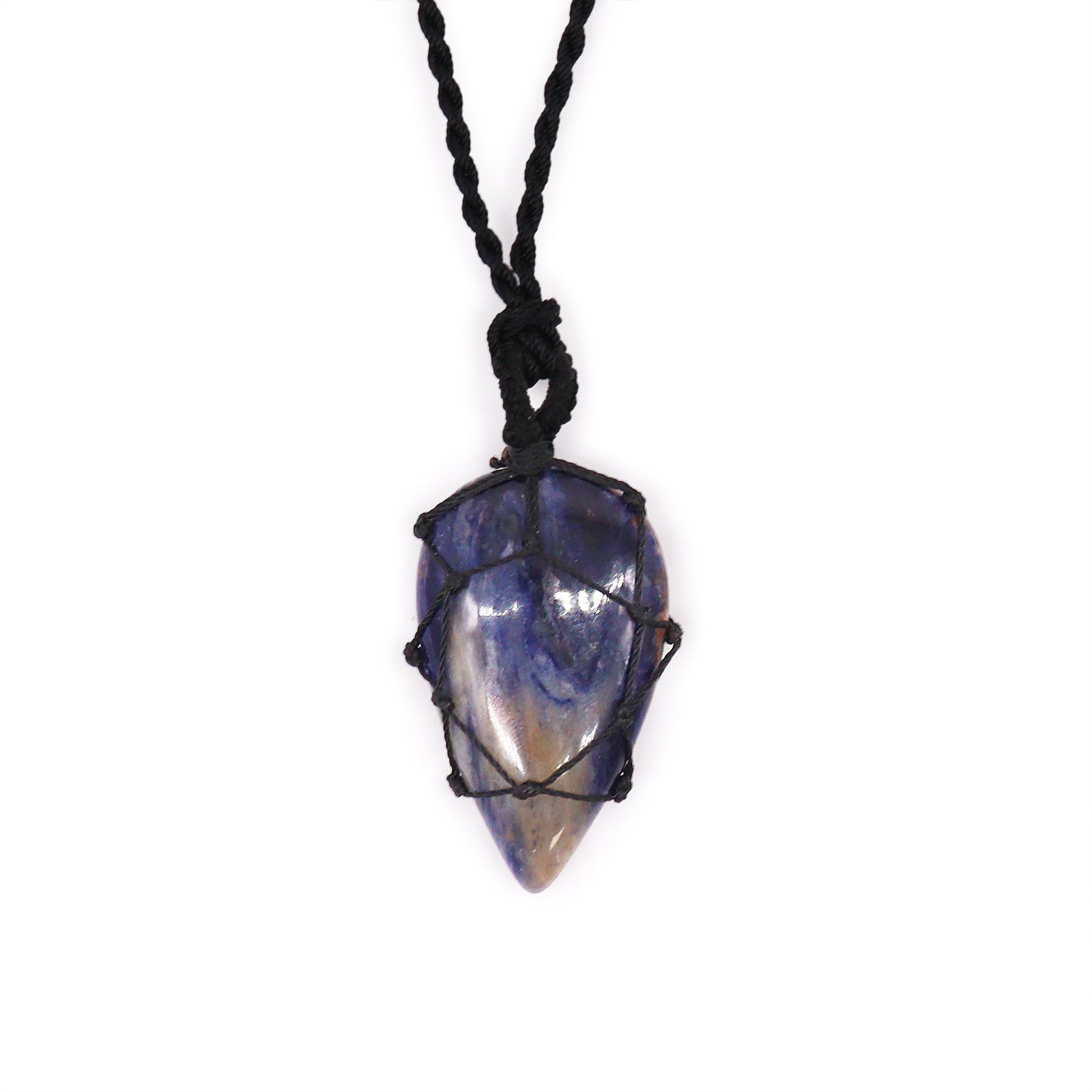 Handmade Laced Gemstone Pendant - Teardrop / Sodalite product packaging on clean background from Quintessential Holistic Health Ltd