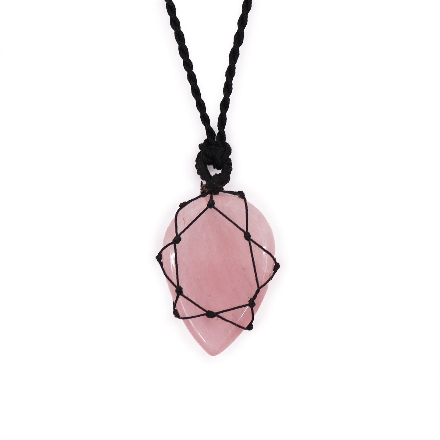 Handmade Laced Gemstone Pendant - Teardrop / Rose Quartz product packaging on clean background from Quintessential Holistic Health Ltd