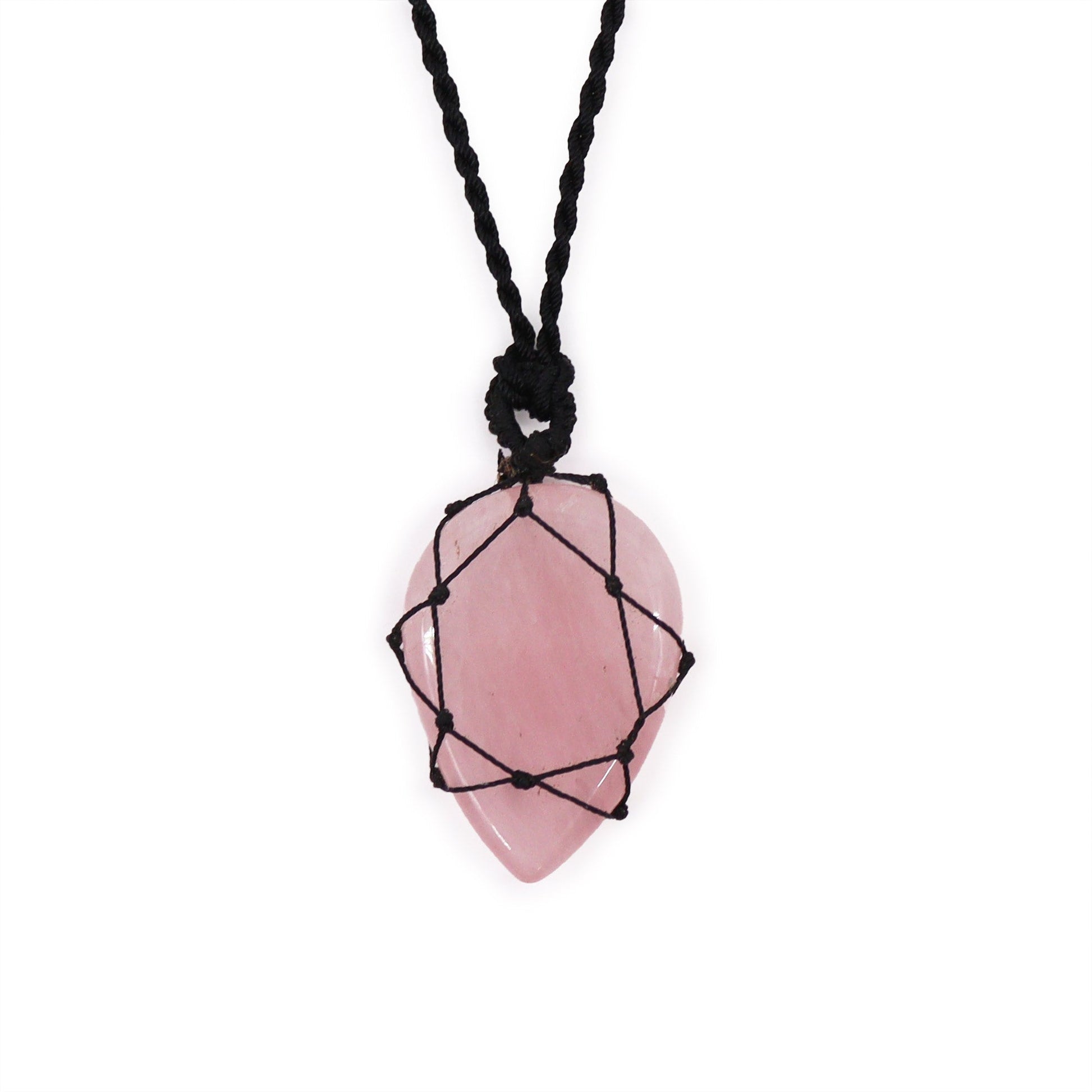 Handmade Laced Gemstone Pendant - Teardrop / Rose Quartz product packaging on clean background from Quintessential Holistic Health Ltd