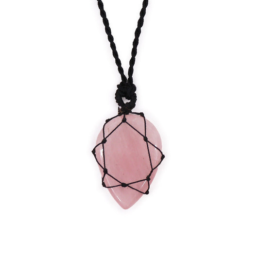 Handmade Laced Gemstone Pendant - Teardrop / Rose Quartz product packaging on clean background from Quintessential Holistic Health Ltd