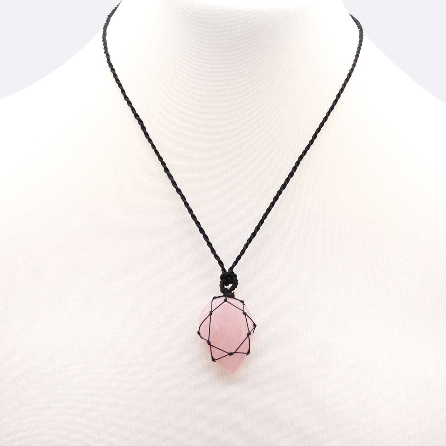 Handmade Laced Gemstone Pendant - Teardrop / Rose Quartz product packaging on clean background from Quintessential Holistic Health Ltd