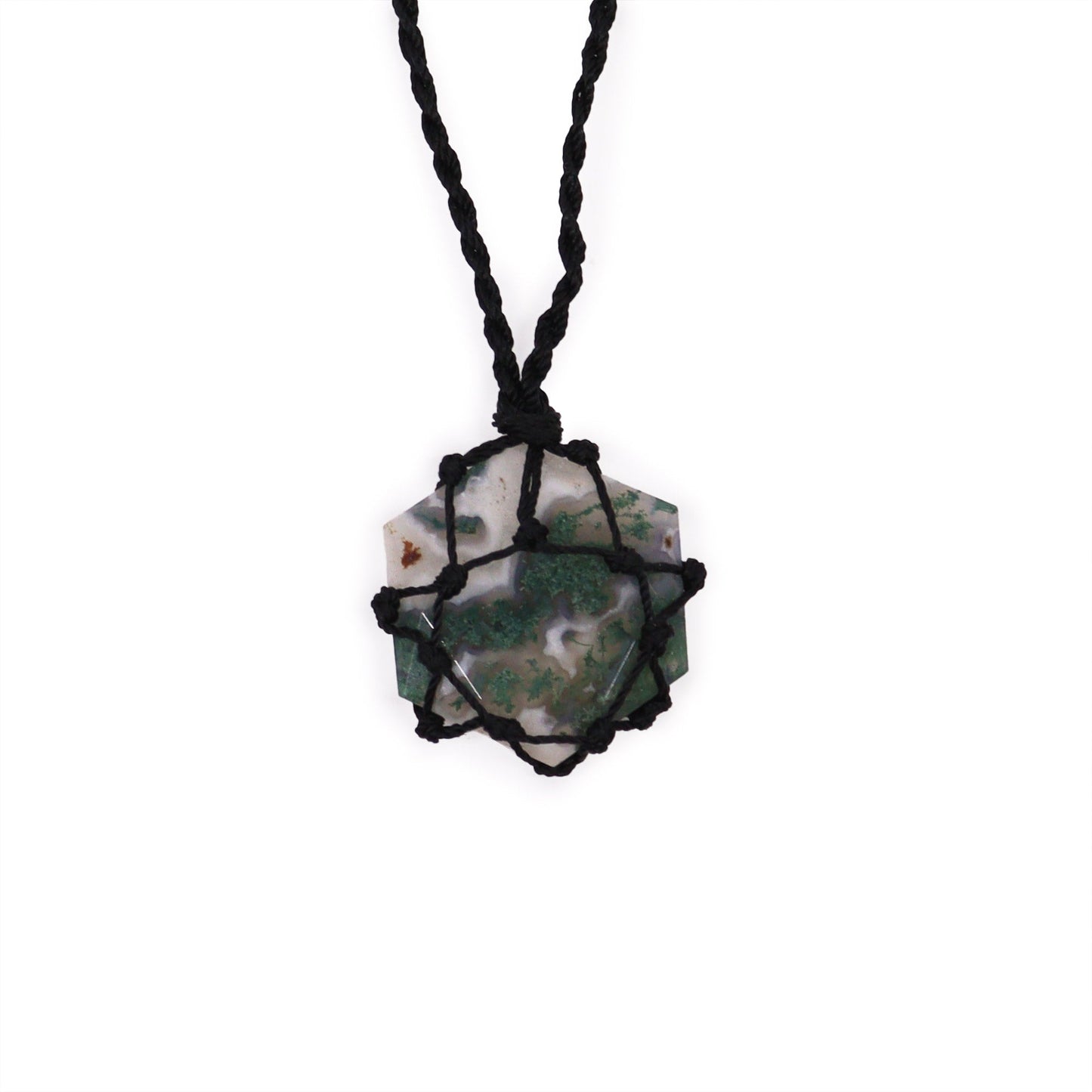 Handmade Laced Gemstone Pendant - Hexagonal / Moss Agate product packaging on clean background from Quintessential Holistic Health Ltd