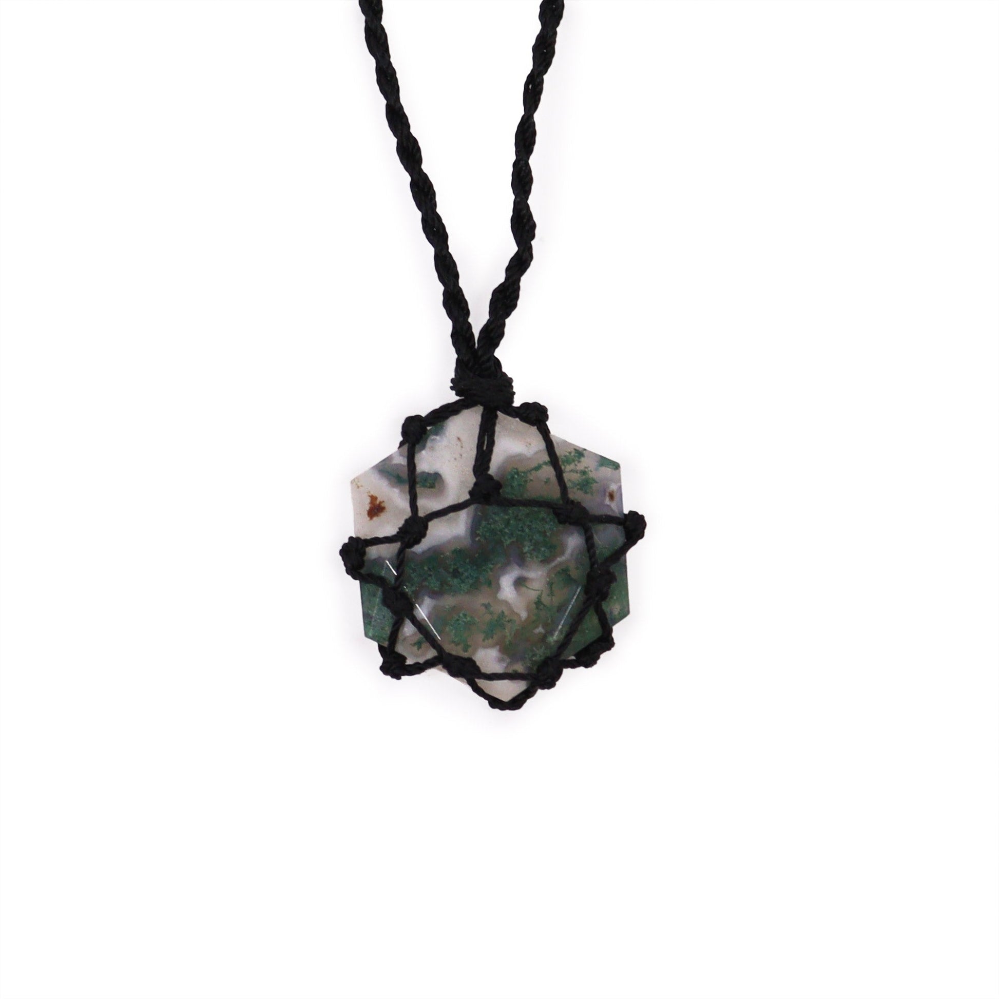 Handmade Laced Gemstone Pendant - Hexagonal / Moss Agate product packaging on clean background from Quintessential Holistic Health Ltd