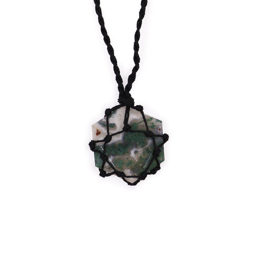 Handmade Laced Gemstone Pendant - Hexagonal / Moss Agate product packaging on clean background from Quintessential Holistic Health Ltd