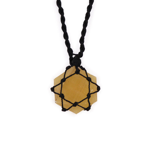 Handmade Laced Gemstone Pendant - Hexagonal / Yellow Quartz product packaging on clean background from Quintessential Holistic Health Ltd