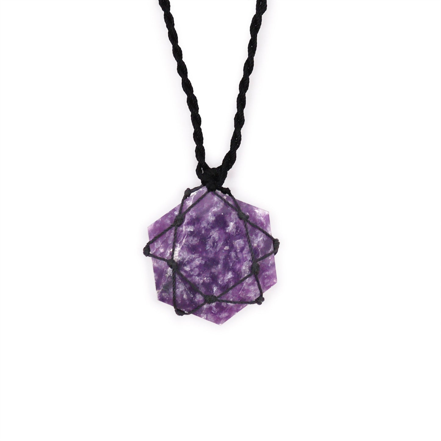 Handmade Laced Gemstone Pendant - Hexagonal / Lepidolite product packaging on clean background from Quintessential Holistic Health Ltd