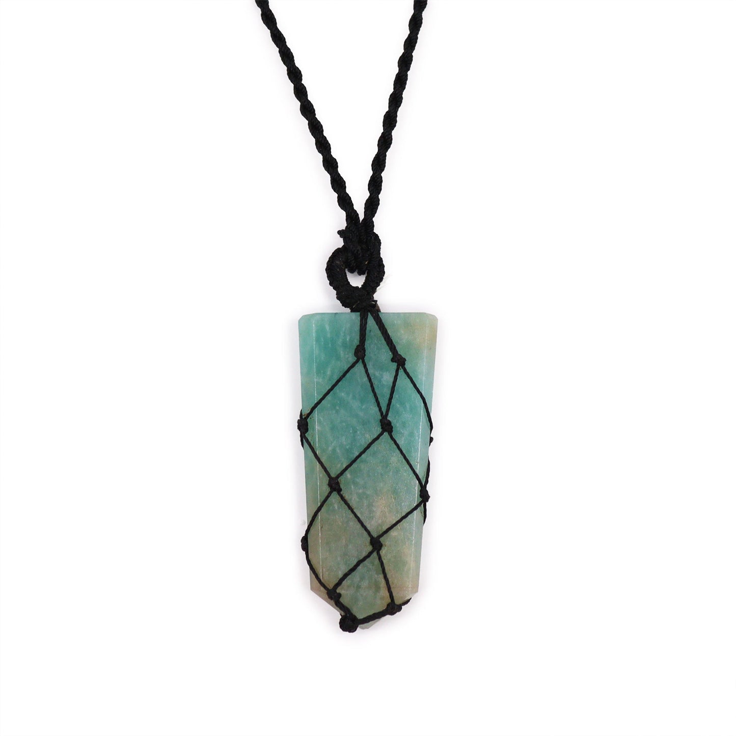 Handmade Laced Gemstone Pendant - Flat Point / Amazonite product packaging on clean background from Quintessential Holistic Health Ltd
