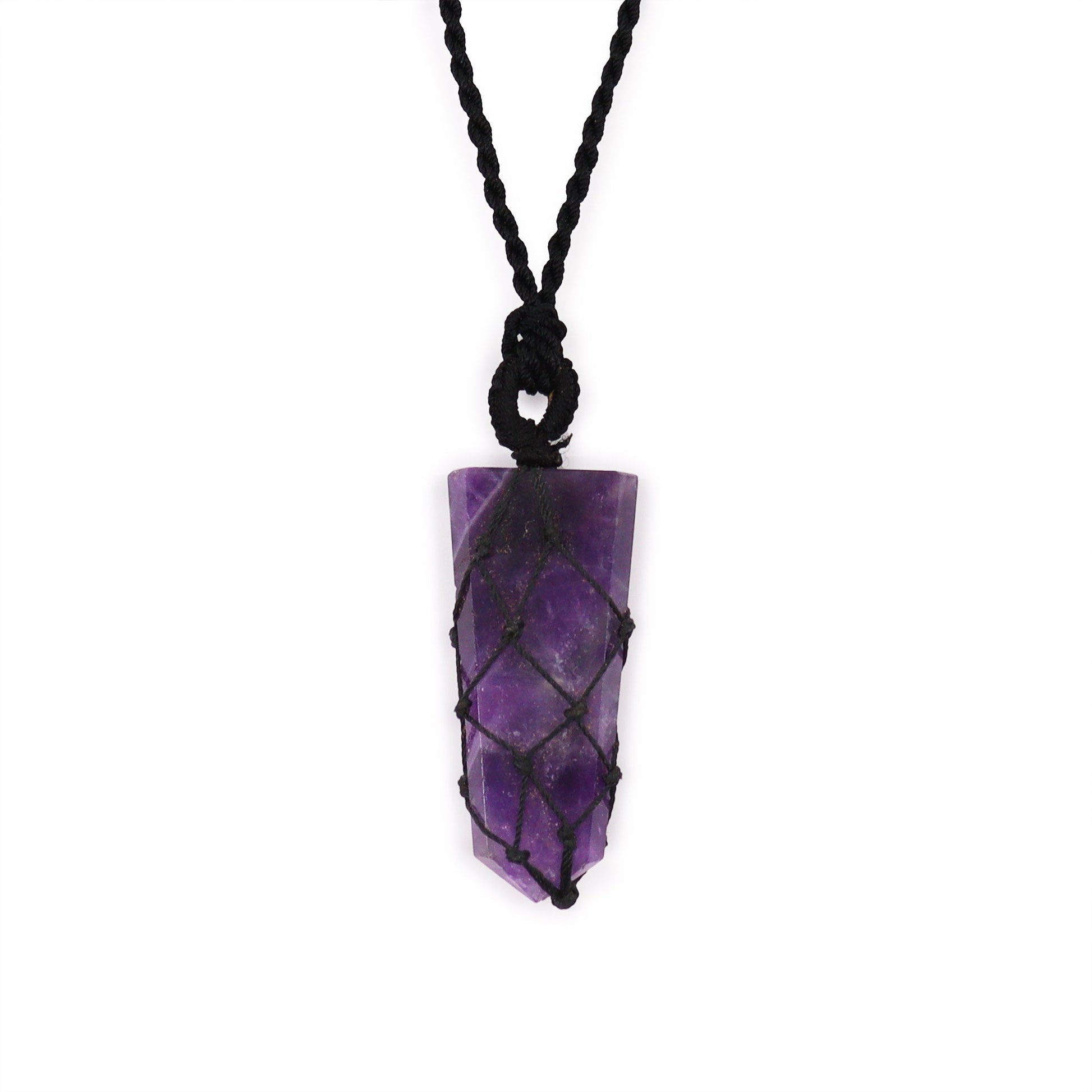 Handmade Laced Gemstone Pendant - Flat Point / Amethyst product packaging on clean background from Quintessential Holistic Health Ltd