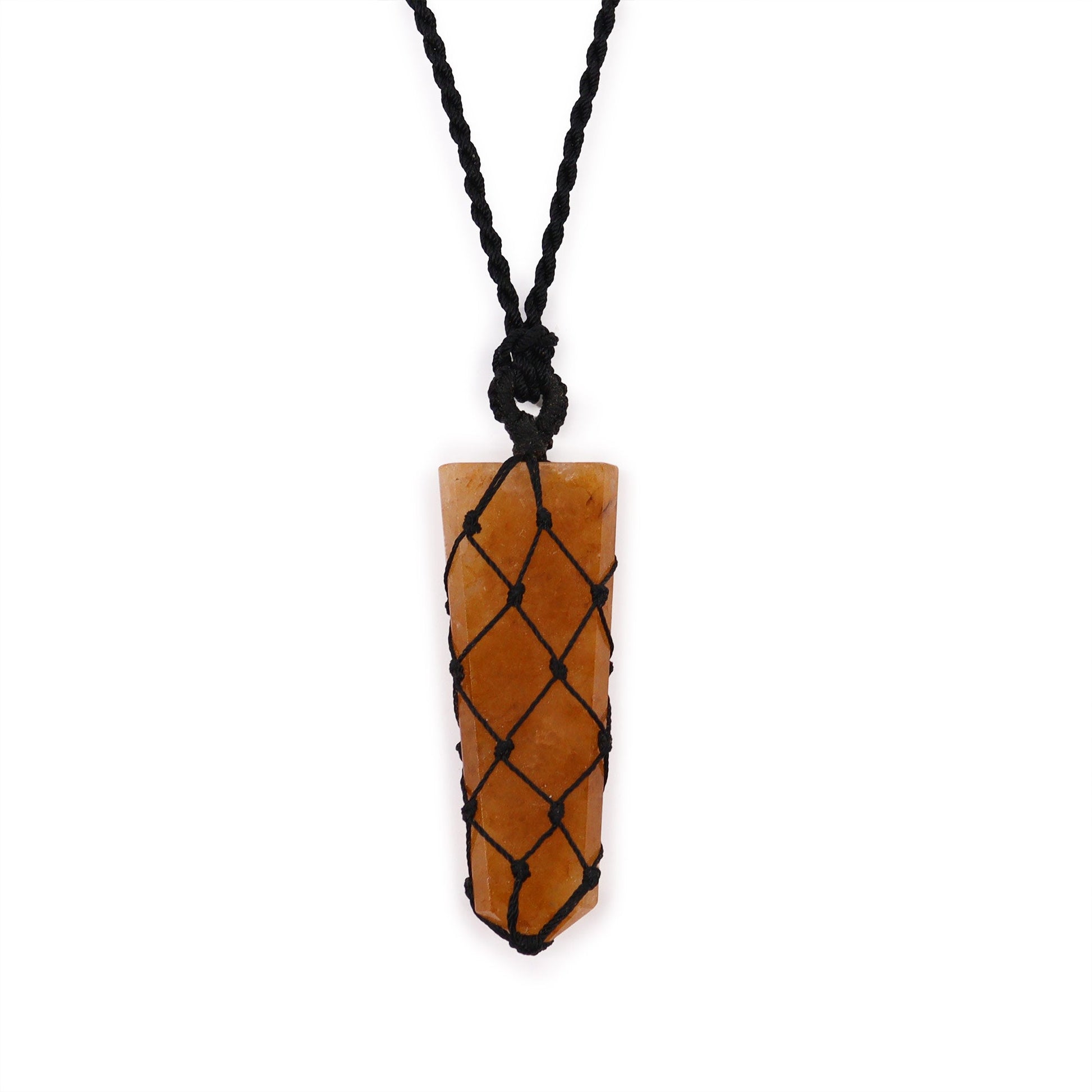 Handmade Laced Gemstone Pendant - Flat Point / Golden Quartz product packaging on clean background from Quintessential Holistic Health Ltd