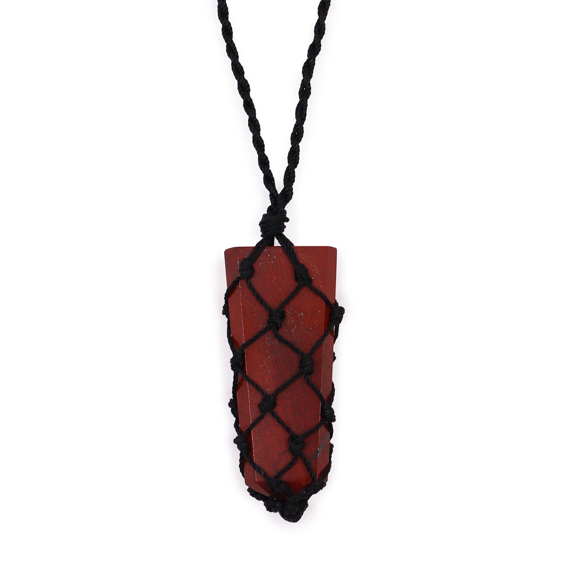 Handmade Laced Gemstone Pendant - Flat Point / Red Jasper product packaging on clean background from Quintessential Holistic Health Ltd