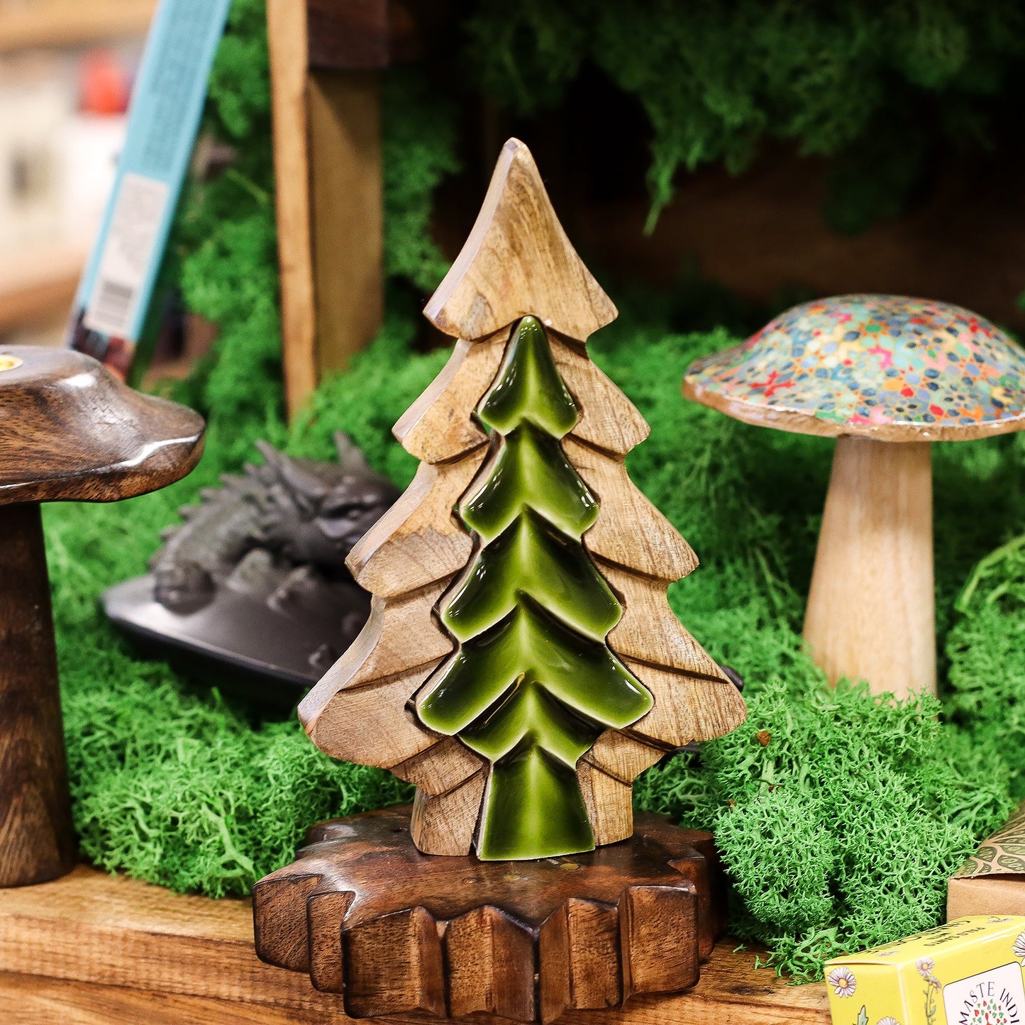 Handcrafted Enamel Wooden 3D Tree Decoration - Single Christmas Tree product packaging on clean background from Quintessential Holistic Health Ltd