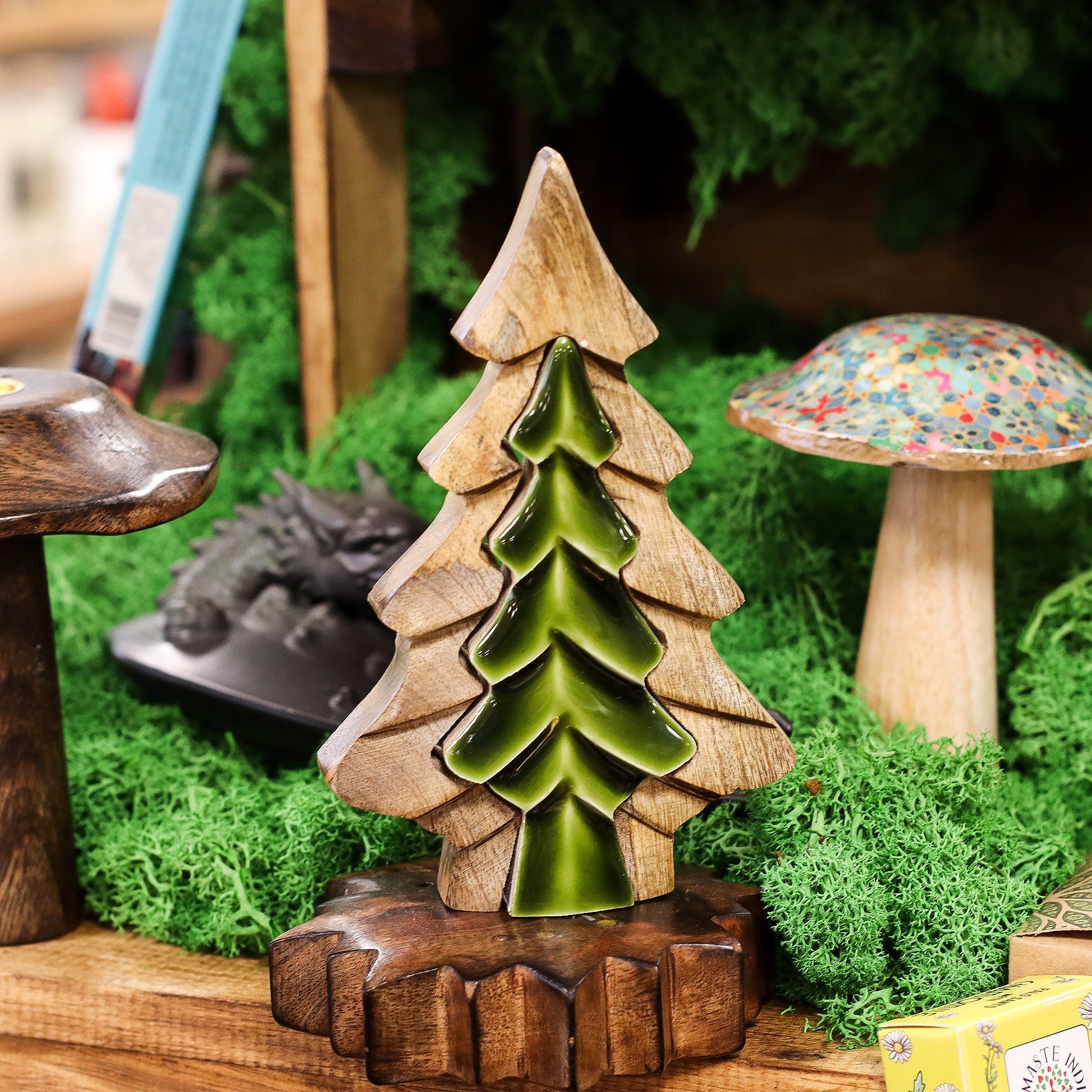 Handcrafted Enamel Wooden 3D Tree Decoration - Single Christmas Tree product packaging on clean background from Quintessential Holistic Health Ltd