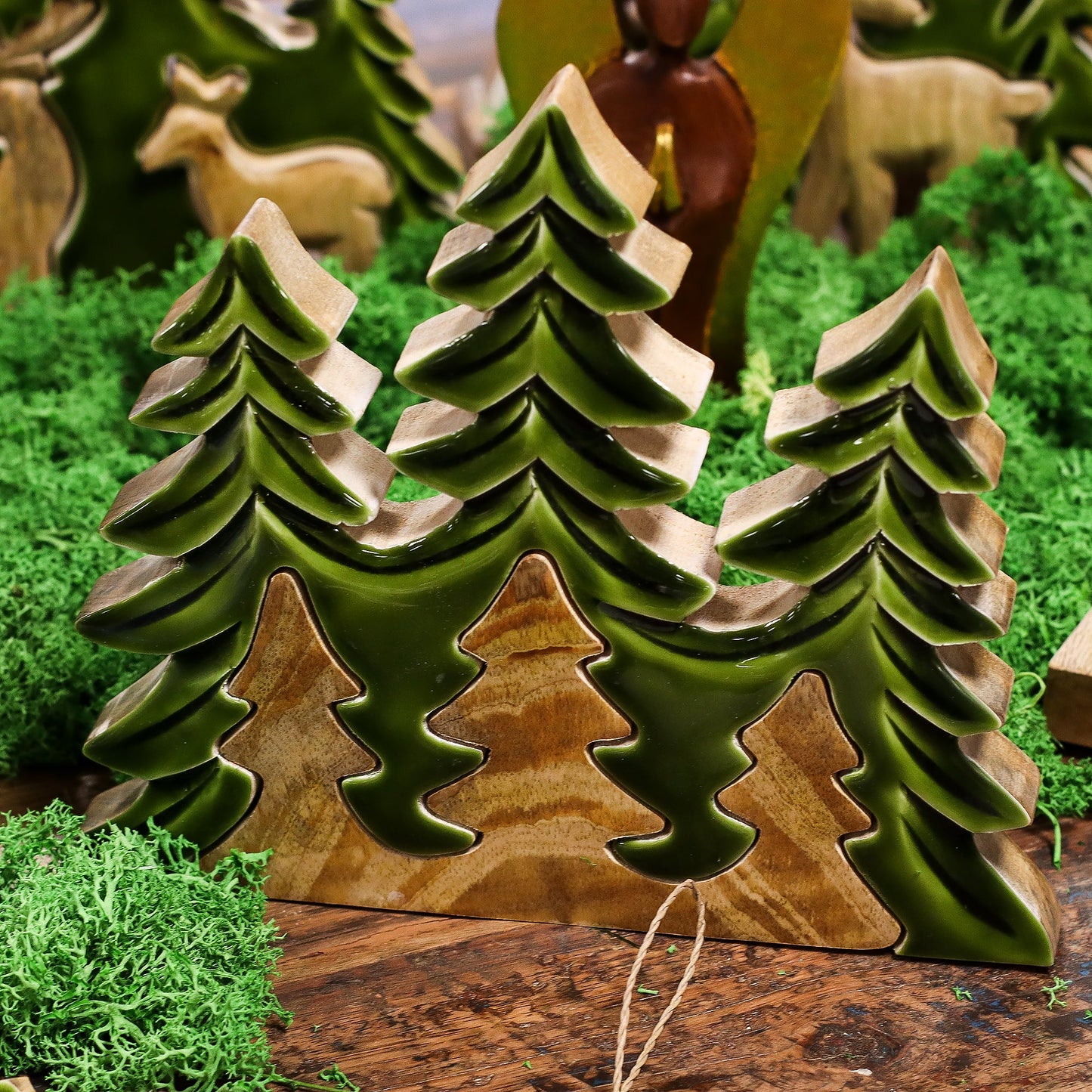 Handcrafted Enamel Wooden 3D Tree Decoration - Three Trees product packaging on clean background from Quintessential Holistic Health Ltd