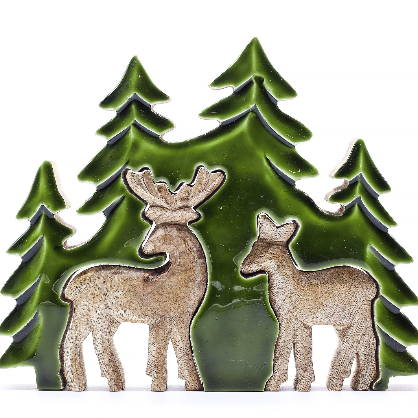 Handcrafted Enamel Wooden 3D Tree Decoration - 2 Deers in the Forest product packaging on clean background from Quintessential Holistic Health Ltd