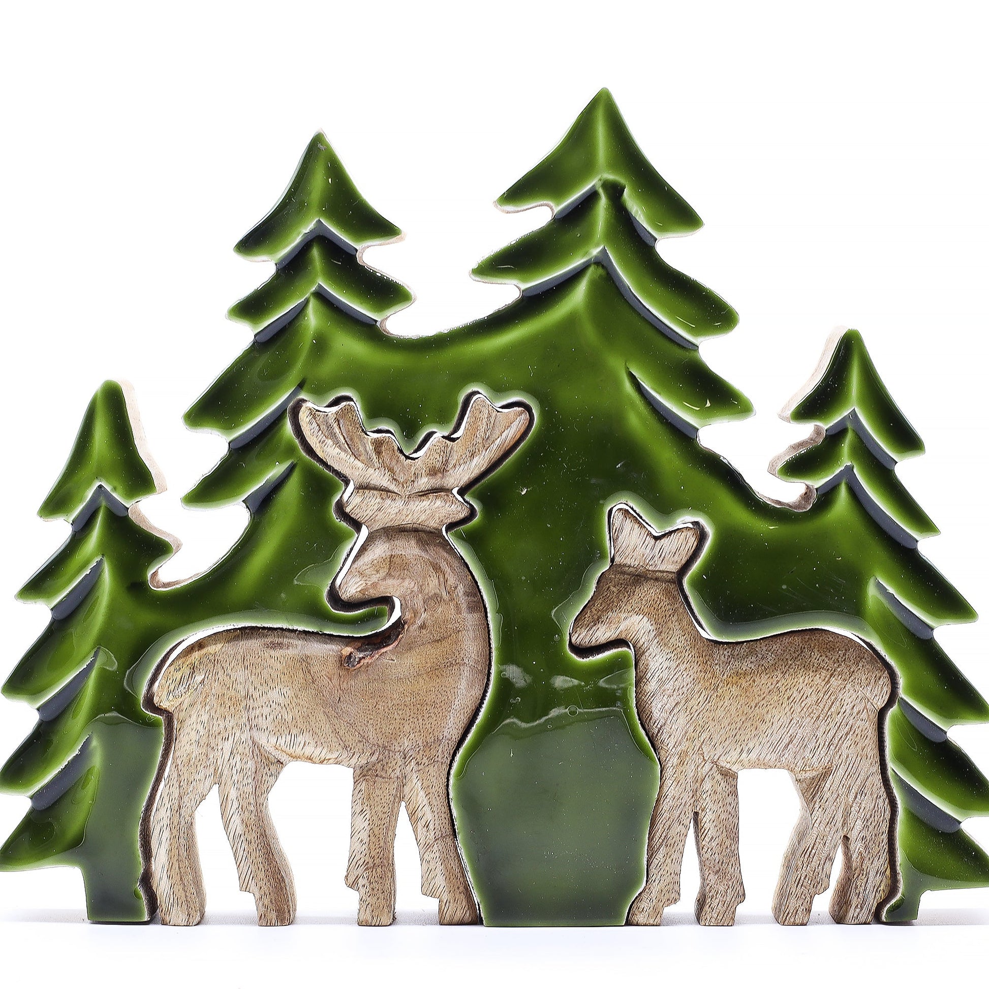 Handcrafted Enamel Wooden 3D Tree Decoration - 2 Deers in the Forest product packaging on clean background from Quintessential Holistic Health Ltd