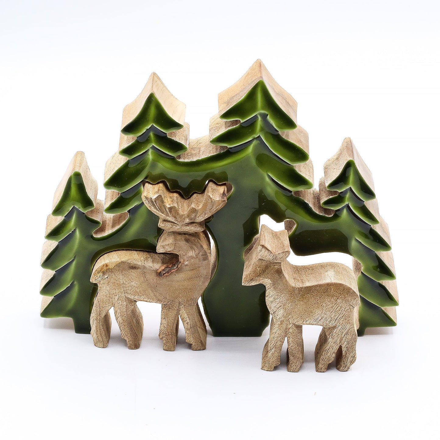 Handcrafted Enamel Wooden 3D Tree Decoration - 2 Deers in the Forest product packaging on clean background from Quintessential Holistic Health Ltd