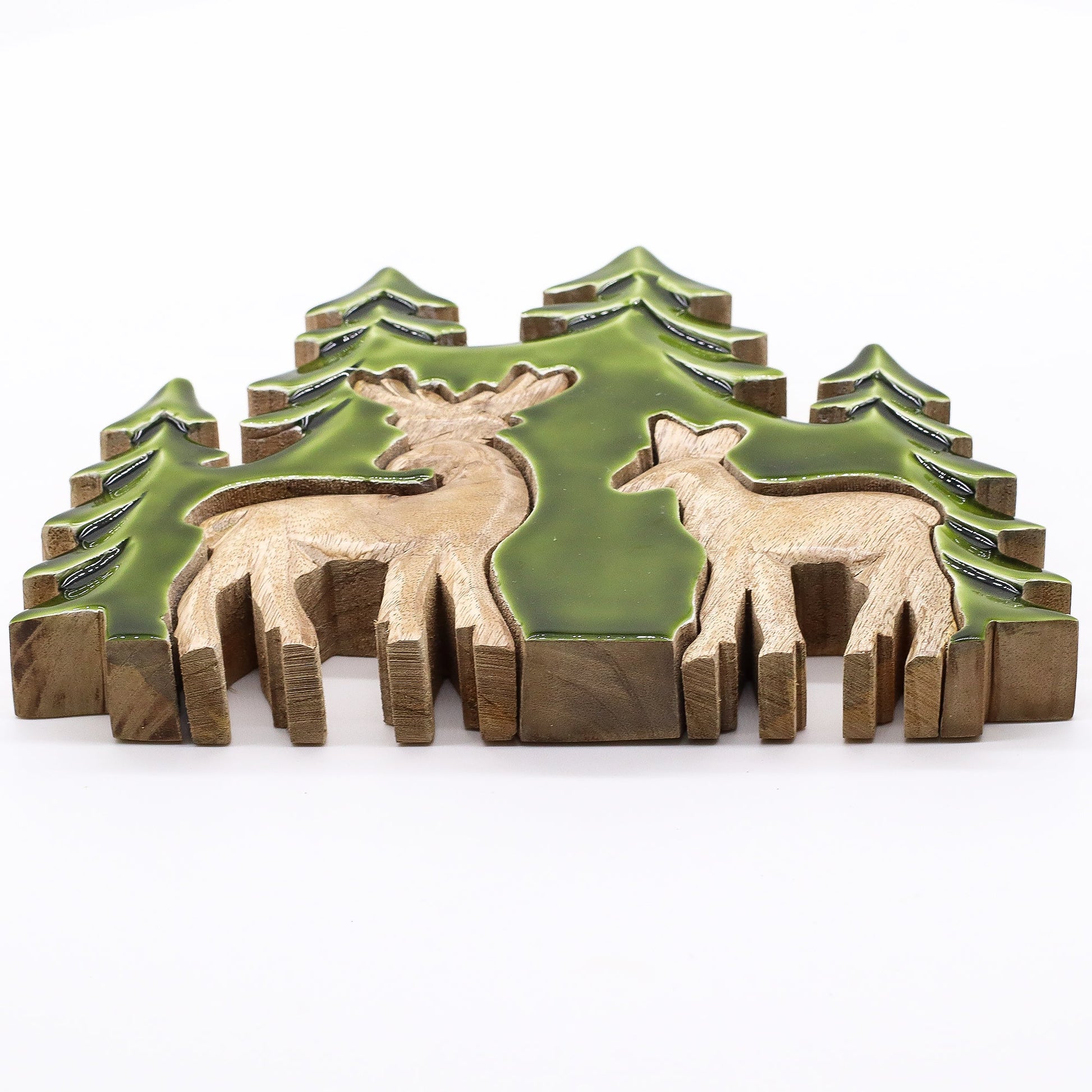 Handcrafted Enamel Wooden 3D Tree Decoration - 2 Deers in the Forest product packaging on clean background from Quintessential Holistic Health Ltd