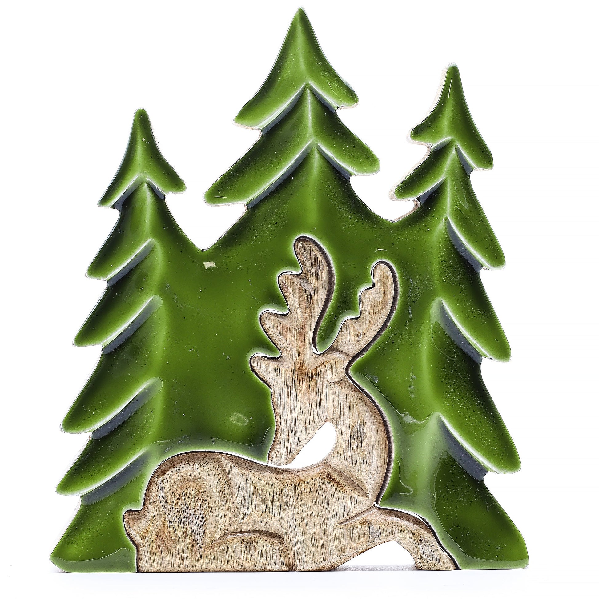 Handcrafted Enamel Wooden 3D Tree Decoration - Resting Deer in the Forest product packaging on clean background from Quintessential Holistic Health Ltd