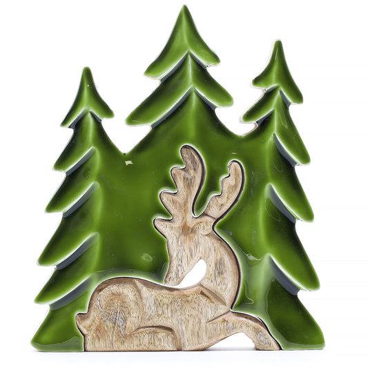 Handcrafted Enamel Wooden 3D Tree Decoration - Resting Deer in the Forest product packaging on clean background from Quintessential Holistic Health Ltd