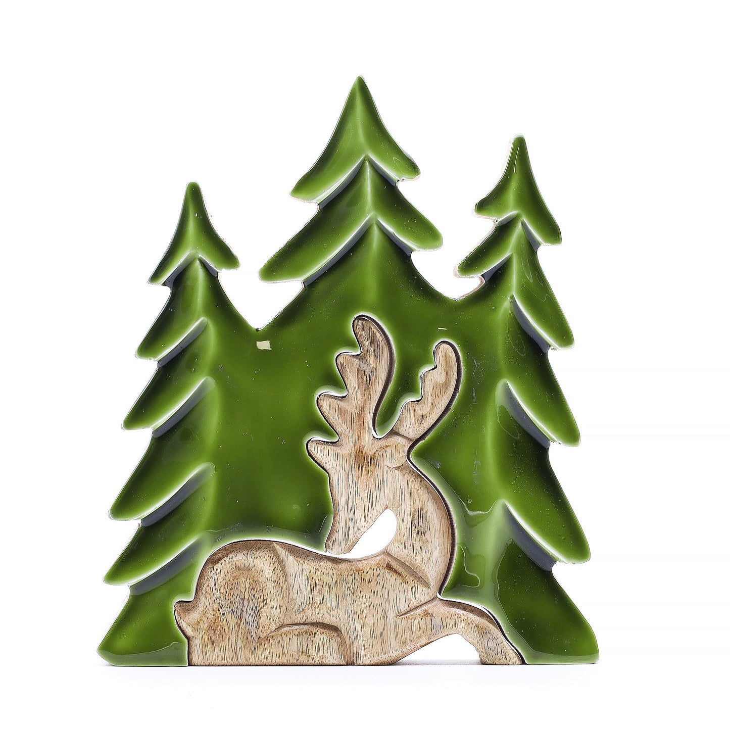 Handcrafted Enamel Wooden 3D Tree Decoration - Resting Deer in the Forest product packaging on clean background from Quintessential Holistic Health Ltd