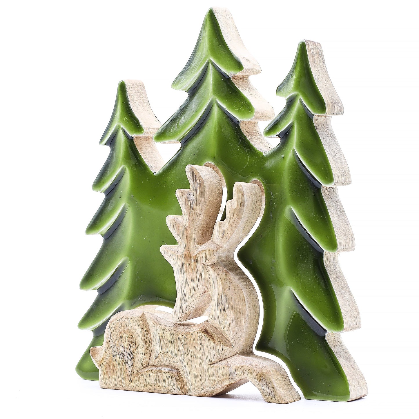 Handcrafted Enamel Wooden 3D Tree Decoration - Resting Deer in the Forest product packaging on clean background from Quintessential Holistic Health Ltd