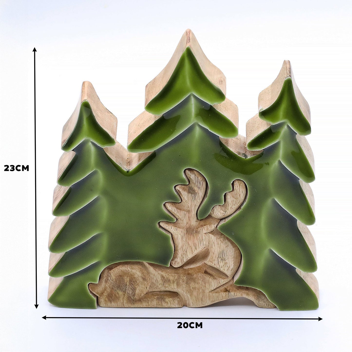 Handcrafted Enamel Wooden 3D Tree Decoration - Resting Deer in the Forest product packaging on clean background from Quintessential Holistic Health Ltd