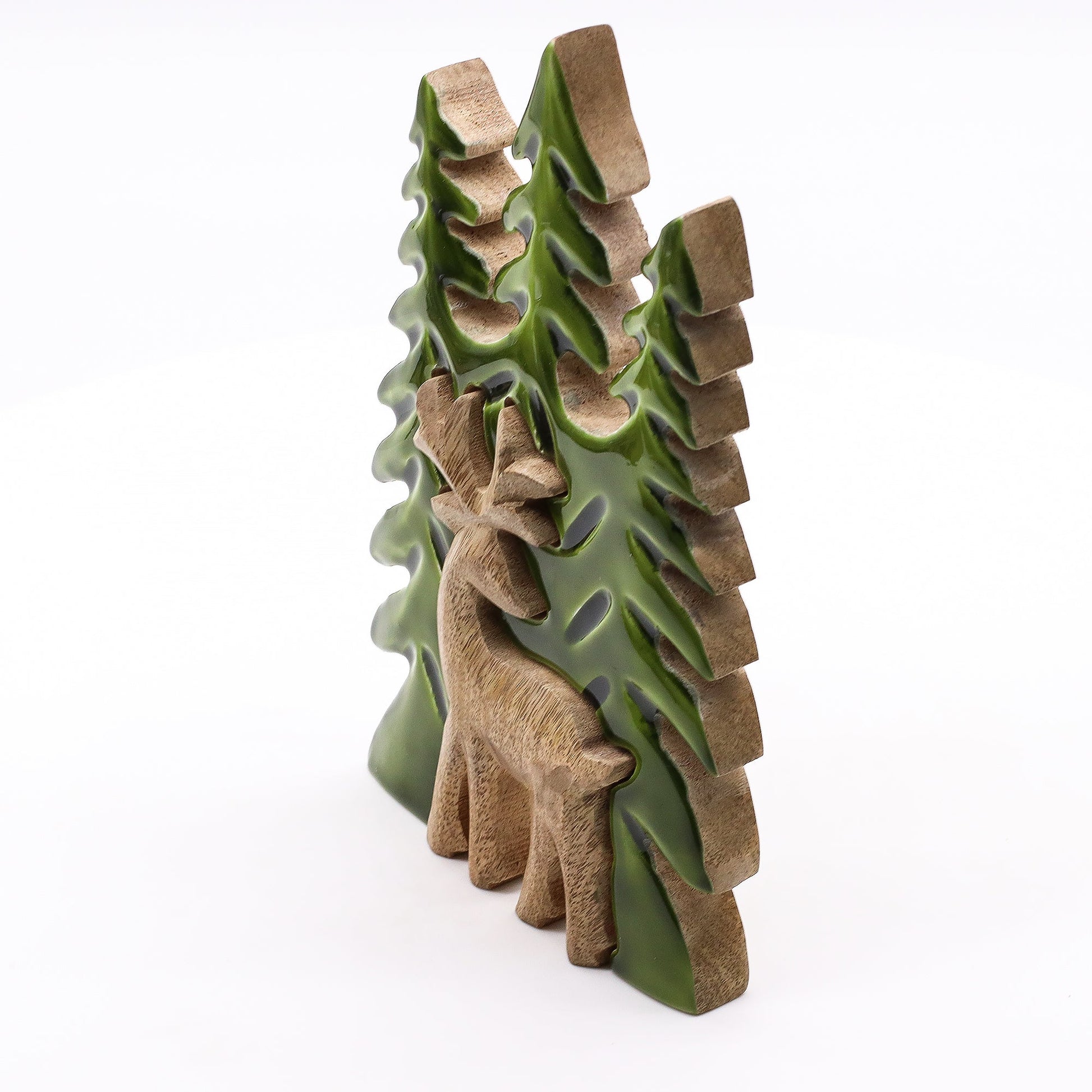 Handcrafted Enamel Wooden 3D Tree Decoration - Resting Deer in the Forest product packaging on clean background from Quintessential Holistic Health Ltd