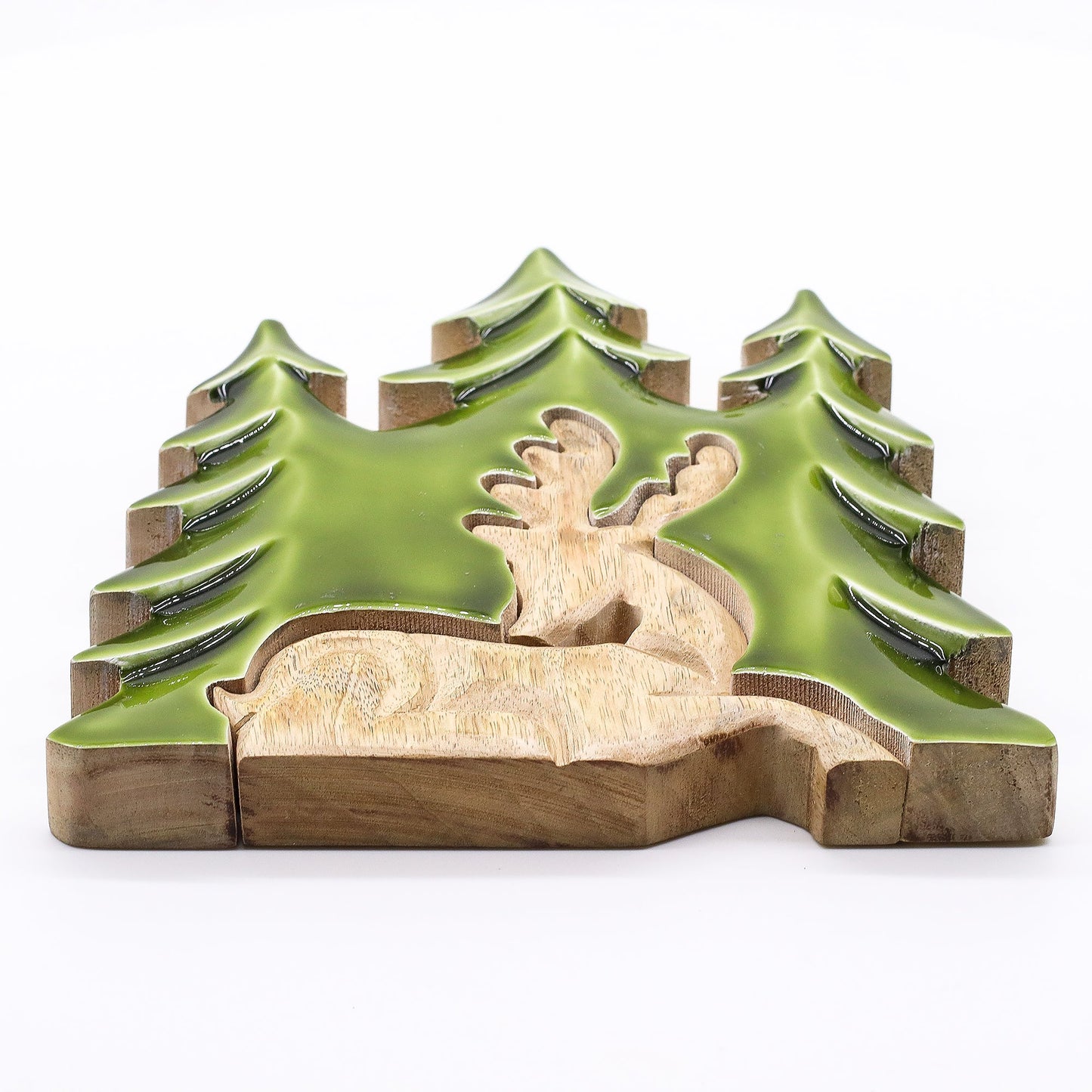 Handcrafted Enamel Wooden 3D Tree Decoration - Resting Deer in the Forest product packaging on clean background from Quintessential Holistic Health Ltd