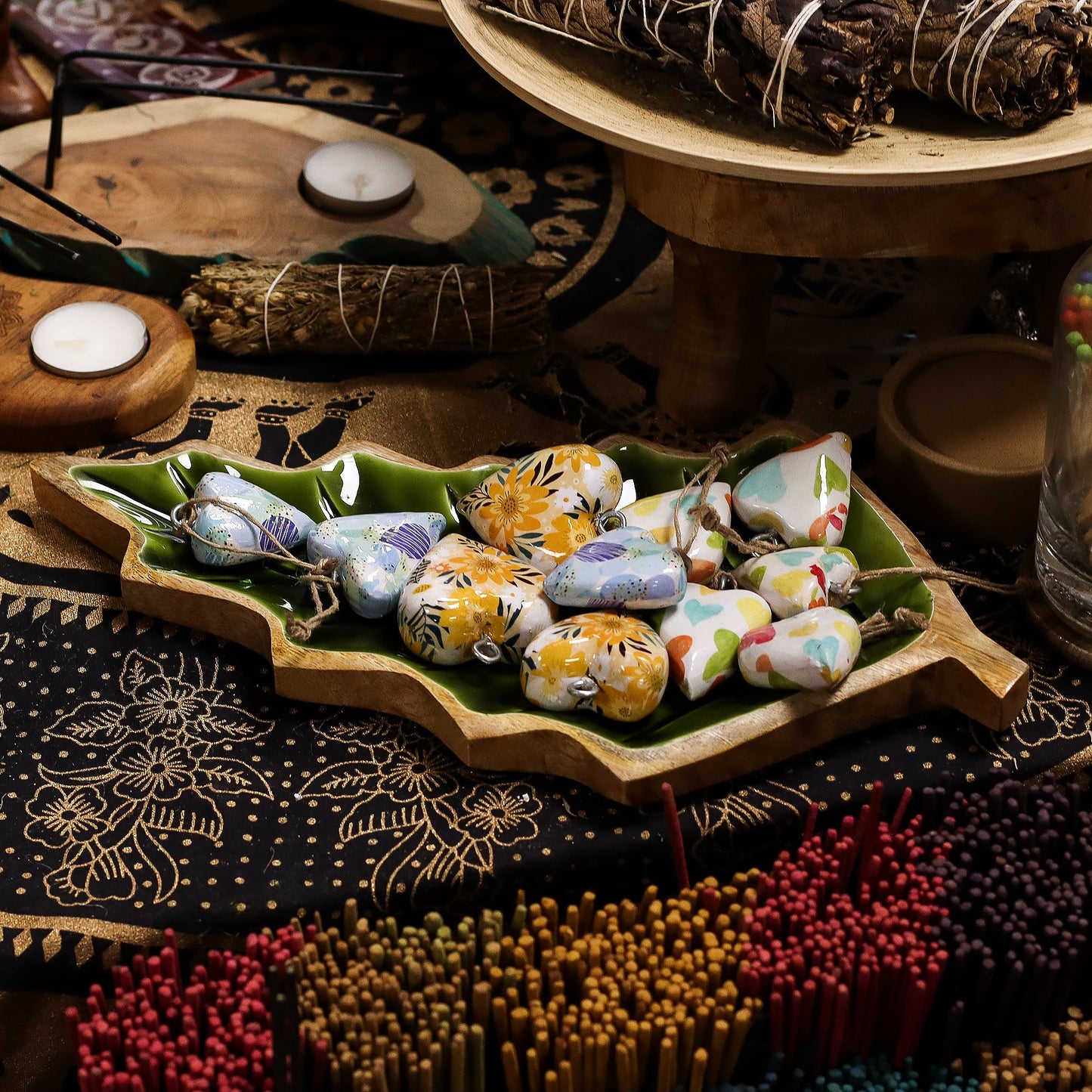 Handcrafted Enamel Wooden Bowl - Leaf product packaging on clean background from Quintessential Holistic Health Ltd