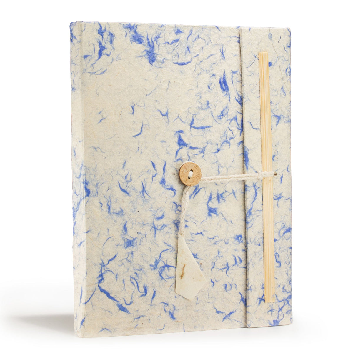A5 Lokta Paper Notebook & Bookmark - Mixed Blue Cotton, with blue fibres, a wooden button and cream cord closure, by Quintessential Holistic Health Ltd