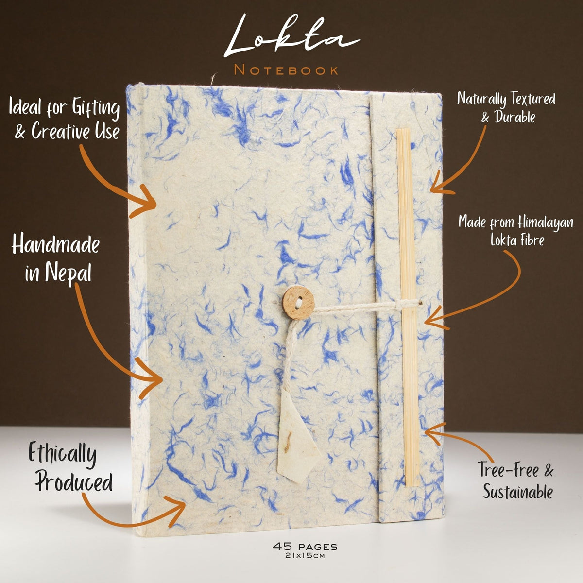 A5 Lokta Paper Notebook & Bookmark - Mixed Blue Cotton, with orange feature callouts around the blue-flecked cover, by Quintessential Holistic Health Ltd