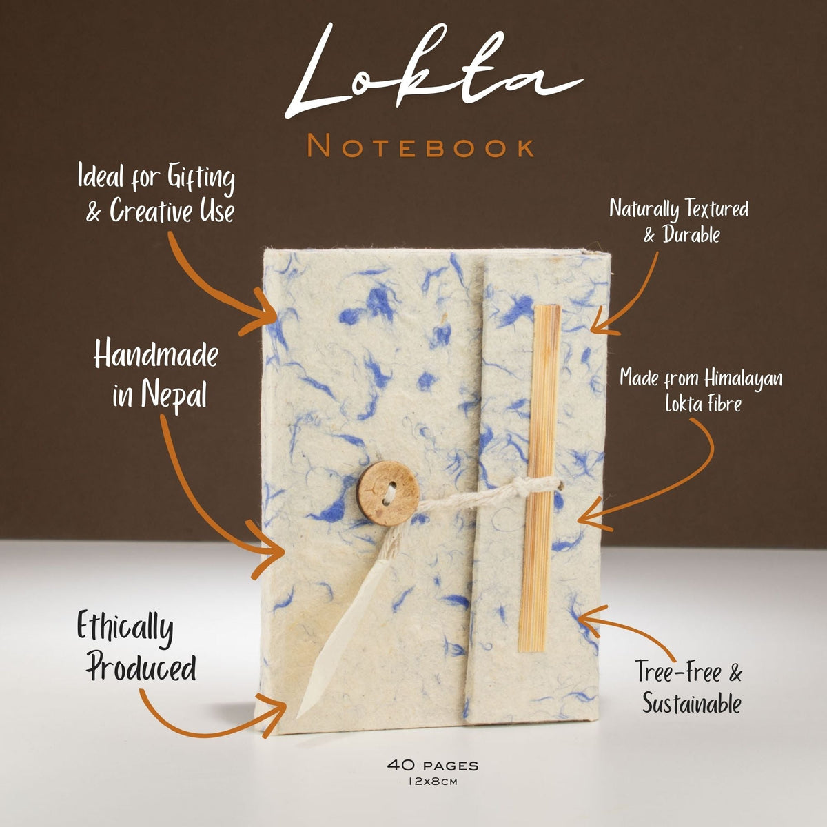 Pocket Eco-Friendly Lokta Paper Notebook - Mixed Blue Cotton, blue-flecked notebook with handwritten feature annotations by Quintessential Holistic Health Ltd