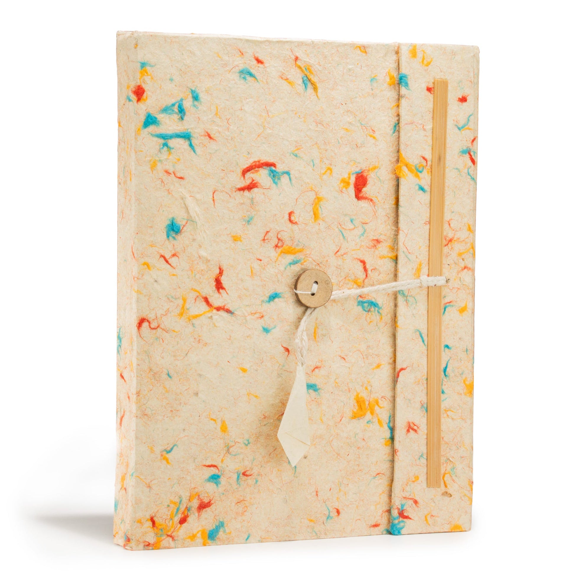 A5 Lokta Paper Notebook & Bookmark - Mixed Colour Cotton, with orange, blue and green fibres, a button and cream cord, by Quintessential Holistic Health Ltd