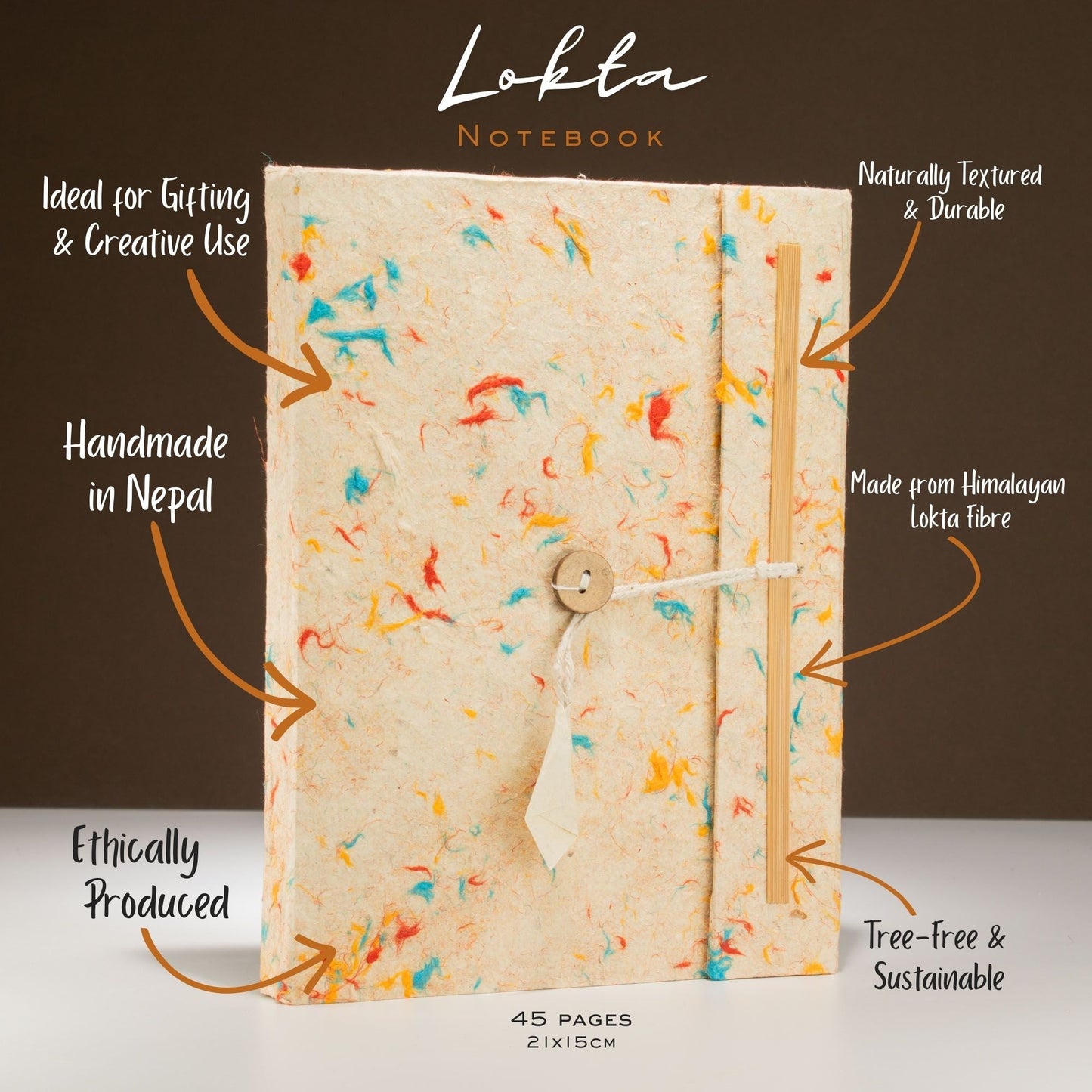 A5 Lokta Paper Notebook & Bookmark - Mixed Colour Cotton, with orange feature callouts around the multicoloured cover, by Quintessential Holistic Health Ltd